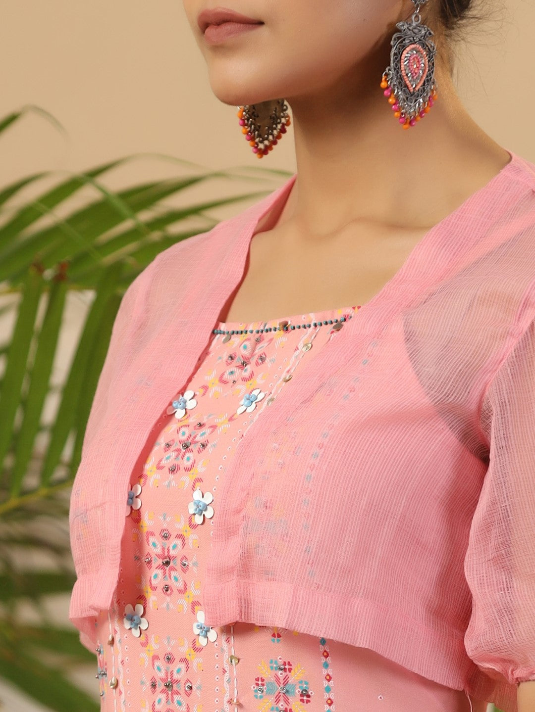 Juniper Peach Geometric Printed Rayon Kurta Pants & Jacket With Sequins Work