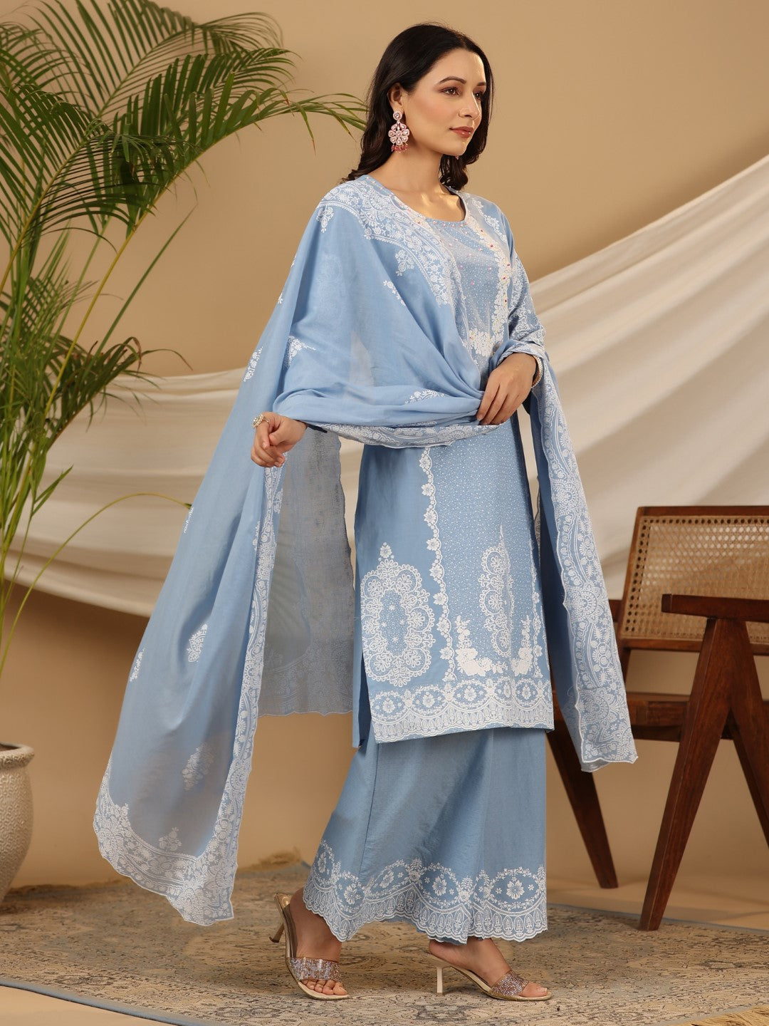 Juniper Women Blue Cotton Cambric Printed Kurta Set
