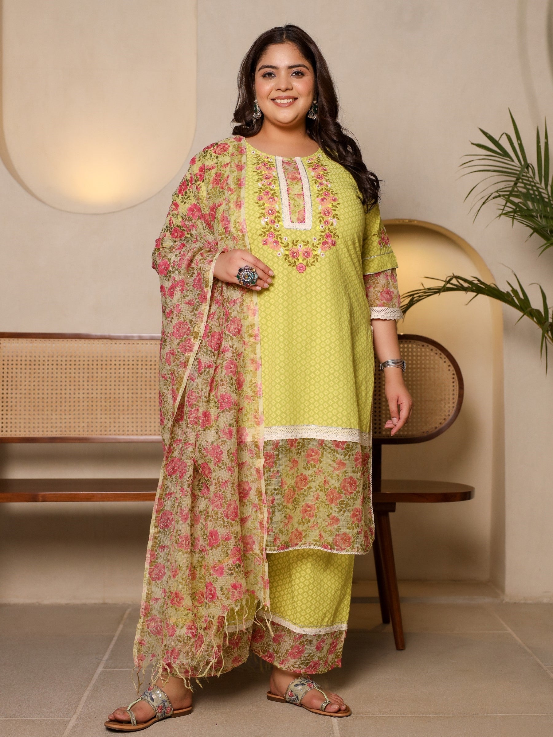 Juniper The Madhuabala Lime Green Floral Printed & Laced Pure Cotton Plus Size Kurta Palazzo & Dupatta Set With Printed Kota Doria Dupatta
