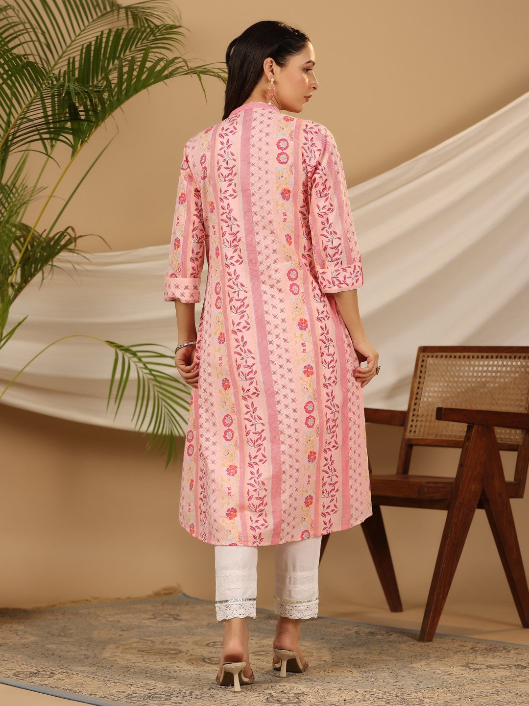 Pink Cotton Cambric Printed High-Low Kurta