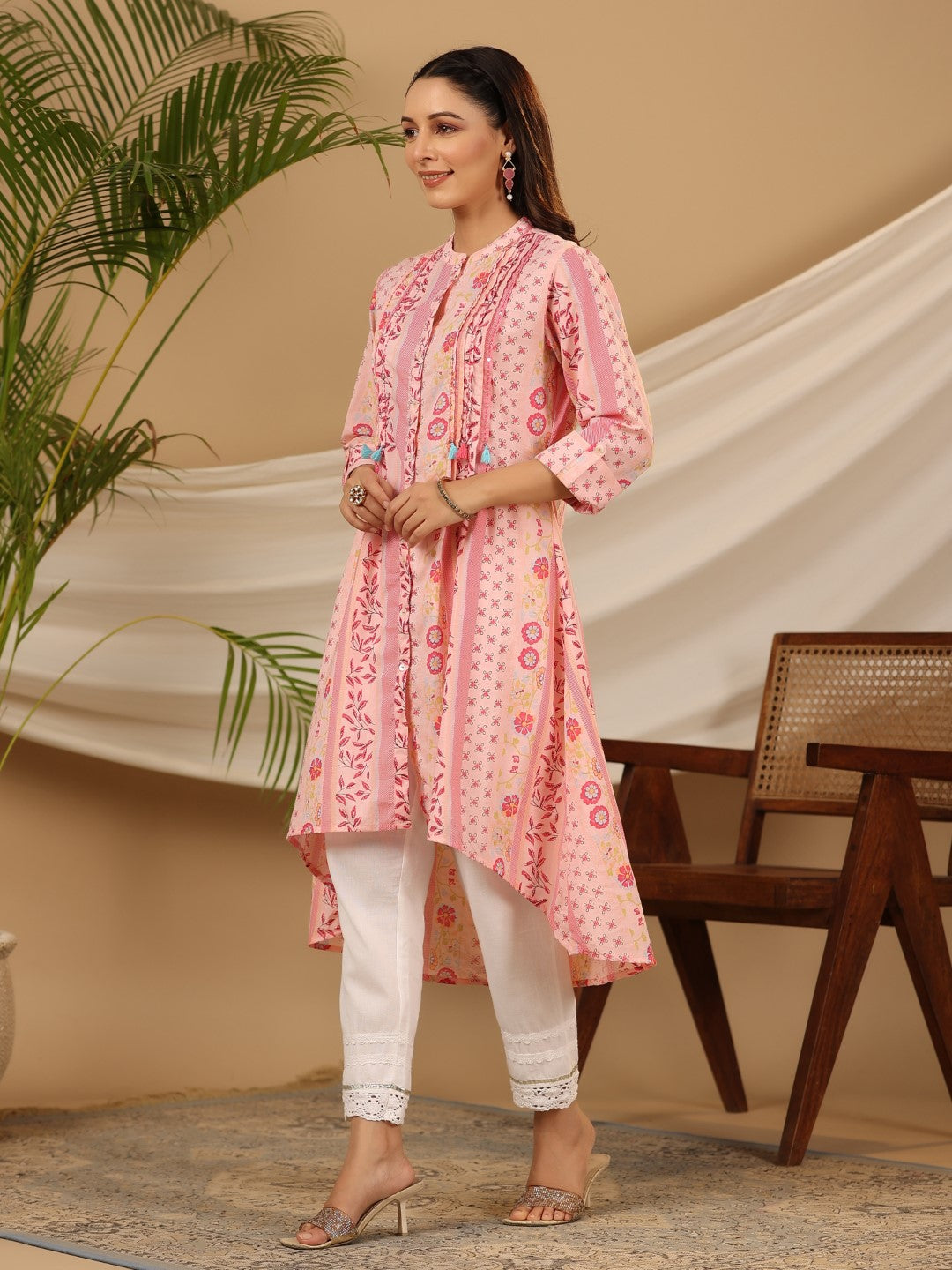 Juniper Women Pink Cotton Cambric Printed High-Low Kurta