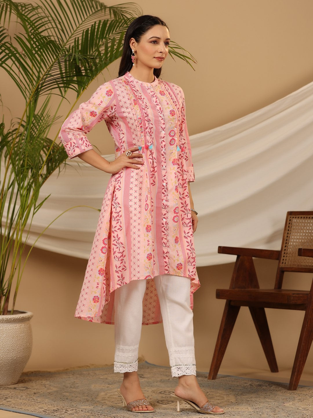 Juniper Pink Floral Printed Cotton Cambric Kurta With Sequins Work