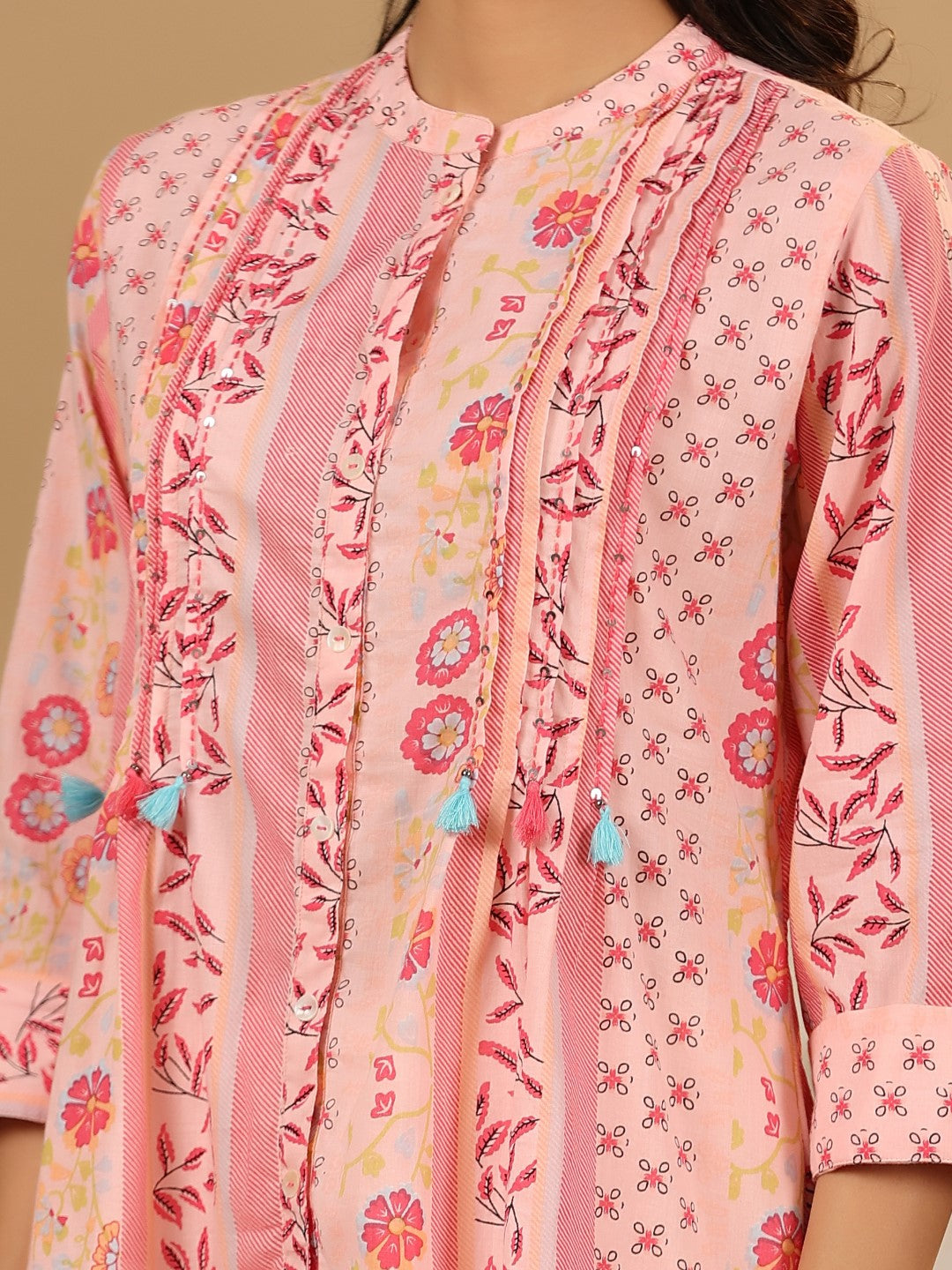Pink Cotton Cambric Printed High-Low Kurta