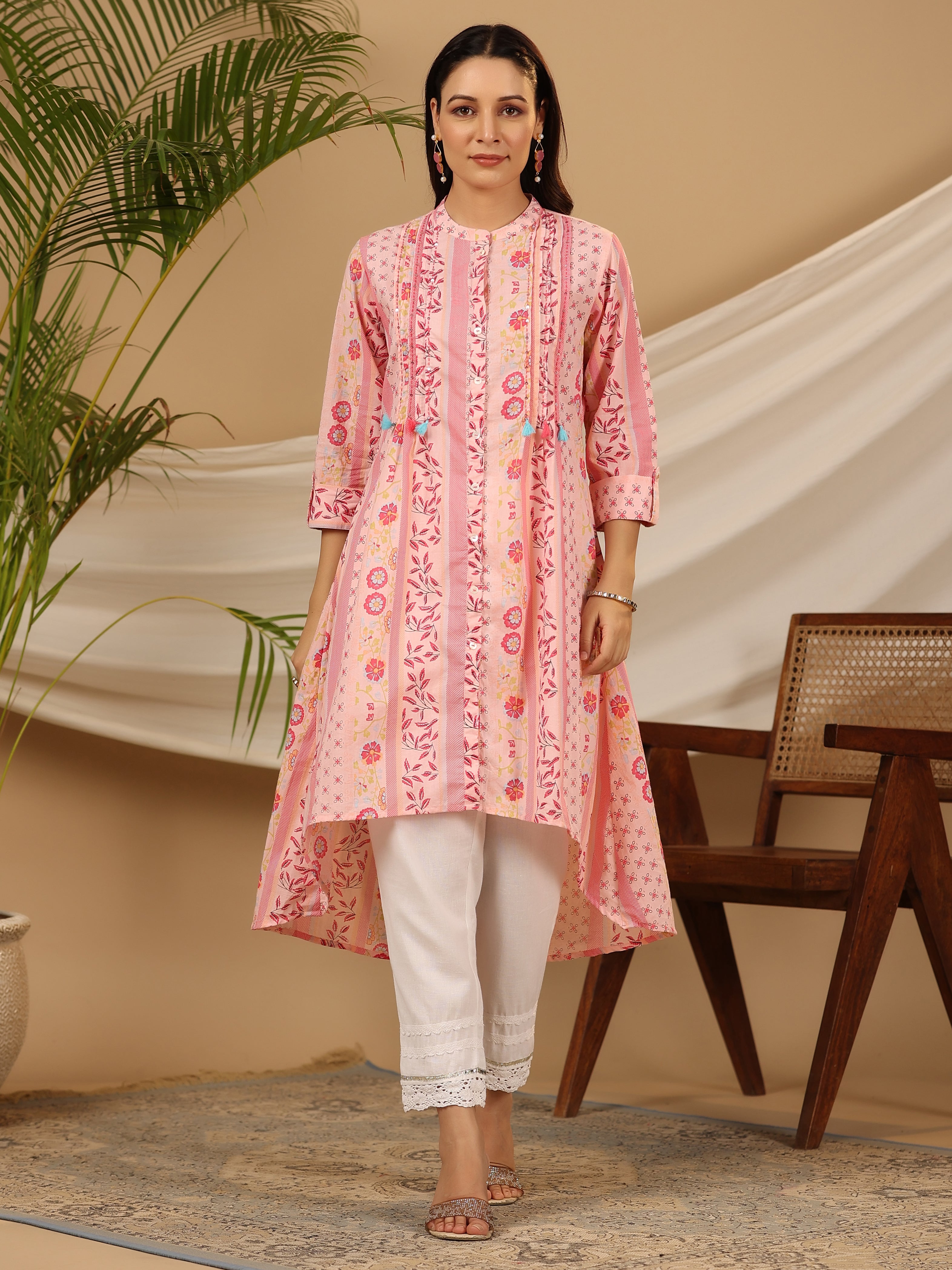 Juniper Pink Floral Printed Cotton Cambric Kurta With Sequins Work