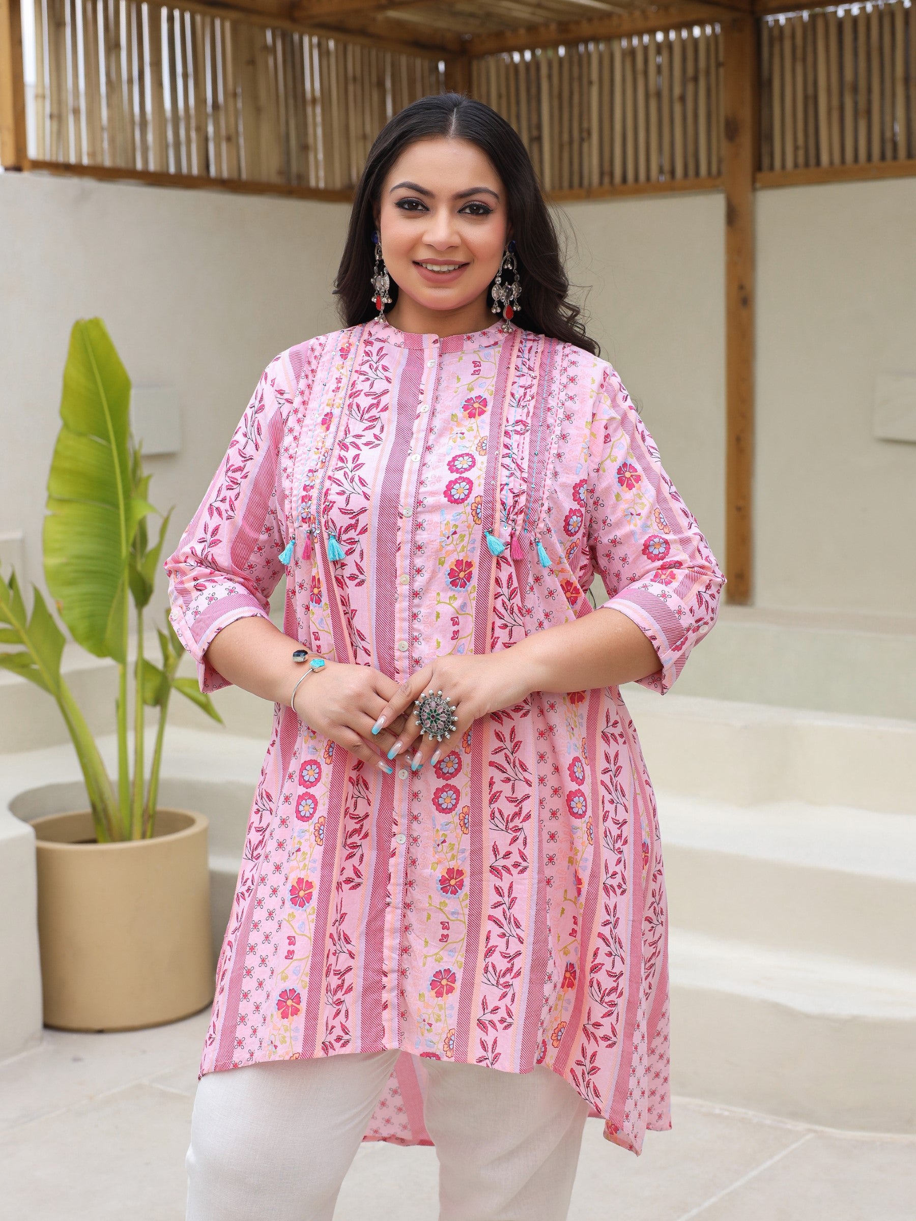 Juniper Pink Floral Printed Cotton Cambric High-Low Plus Size Kurta With Sequins & Pintucks At Front