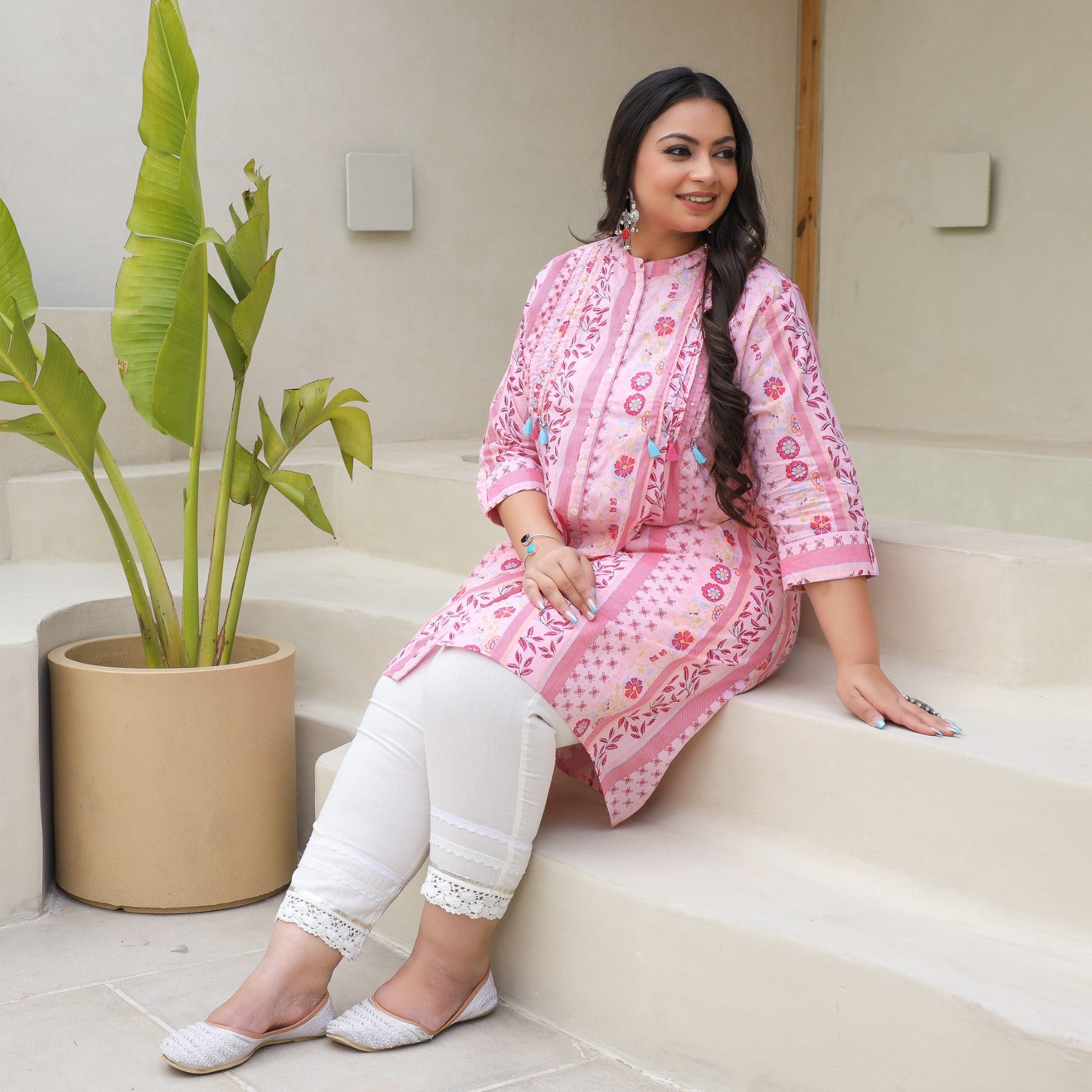 Juniper Pink Floral Printed Cotton Cambric High-Low Plus Size Kurta With Sequins & Pintucks At Front