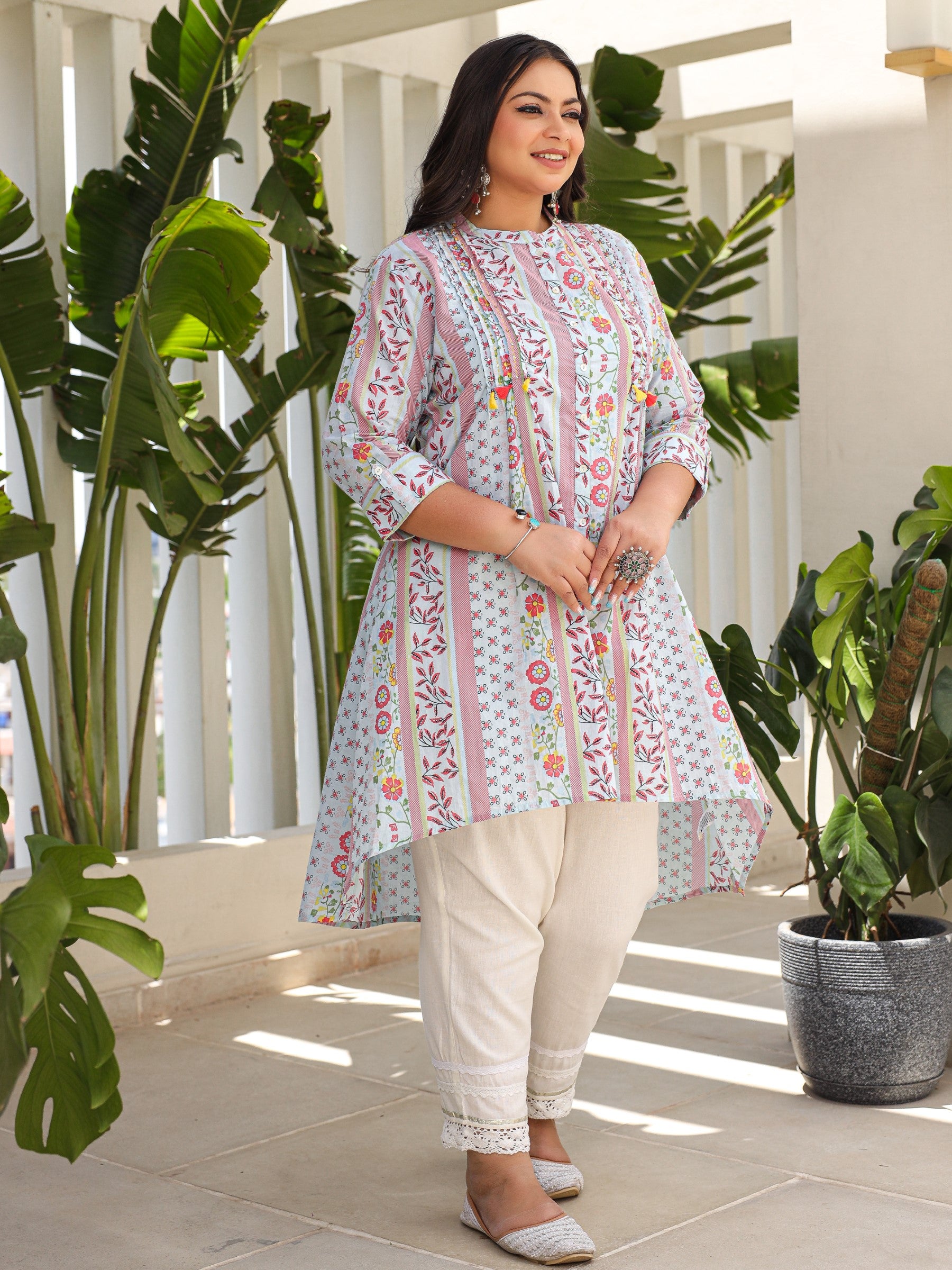 Juniper Sky Blue Floral Printed Cotton Cambric High-Low Plus Size Kurta With Sequins & Pintucks At Front