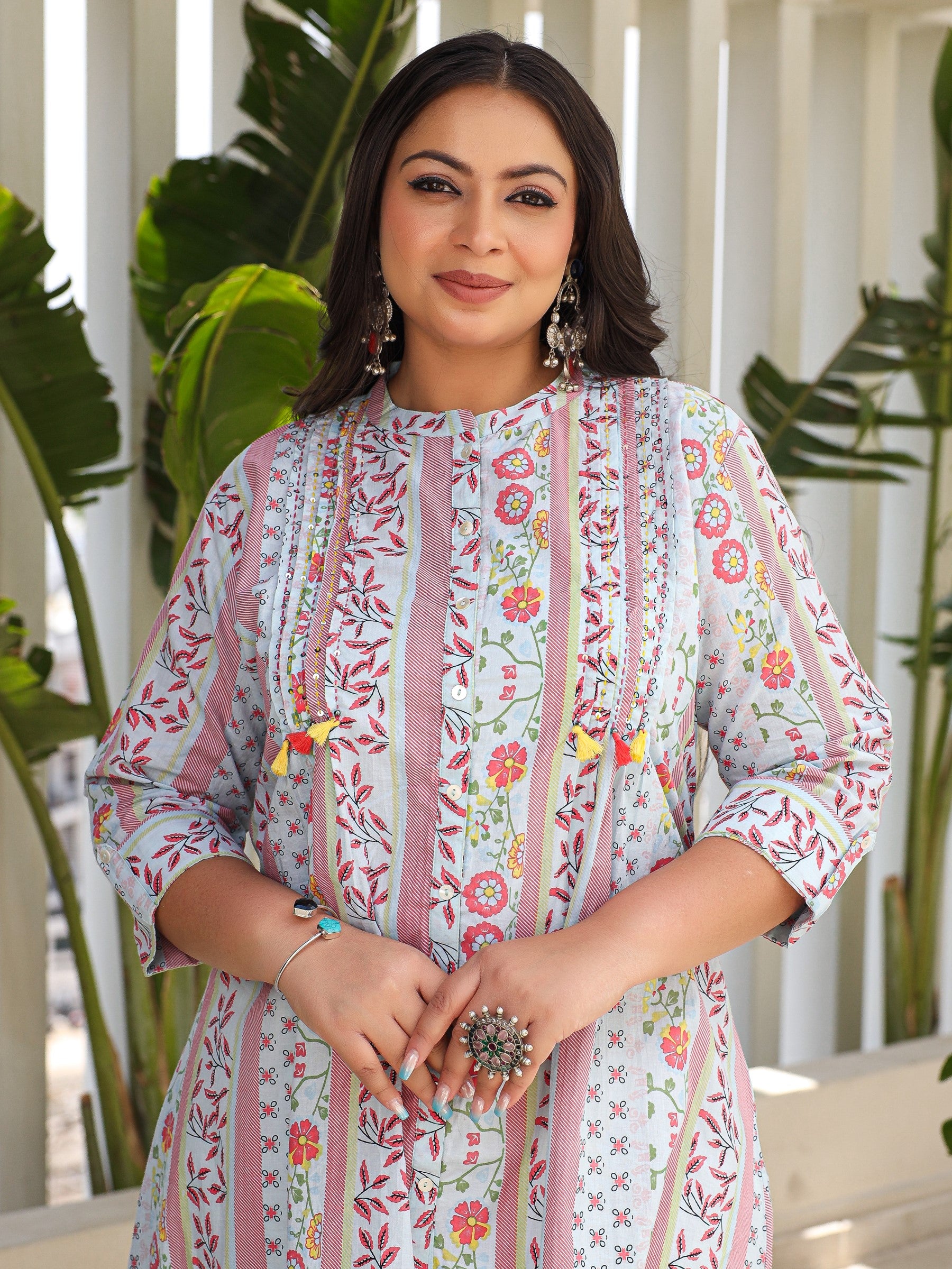 Sky Blue Floral Printed Cotton Cambric High-Low Plus Size Kurta With Sequins & Pintucks At Front