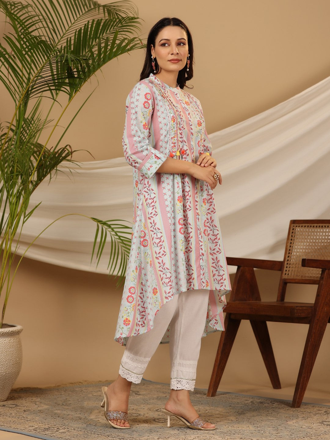Juniper Blue Floral Printed Cotton Cambric Kurta With Sequins Work
