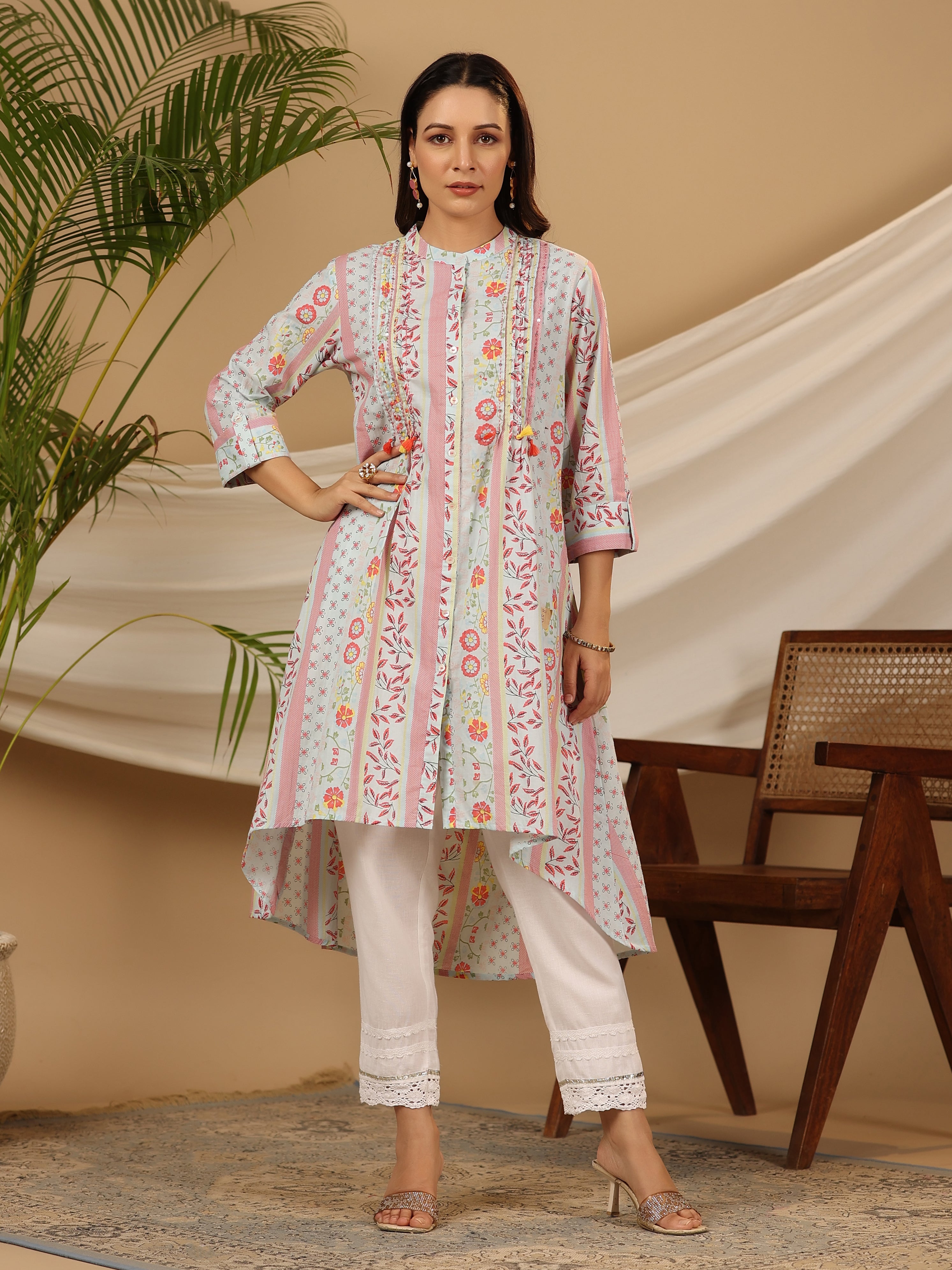 Juniper Blue Floral Printed Cotton Cambric Kurta With Sequins Work