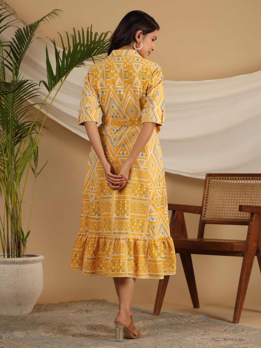 Juniper Women Mustard Cotton Flex Printed Shirt Dress