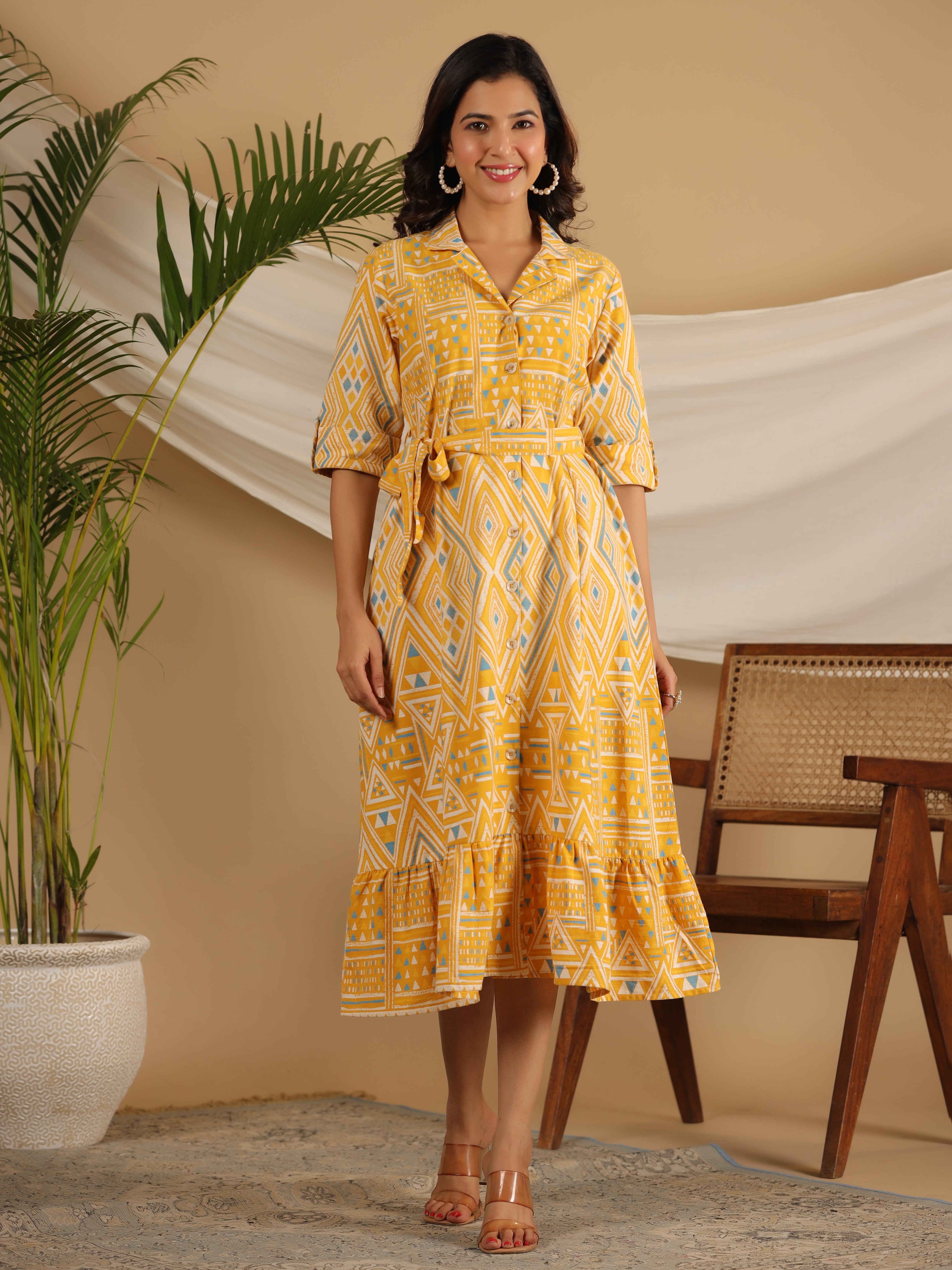 Juniper Mustard Geometric Printed Cotton Flex Shirt Style Dress With Belt