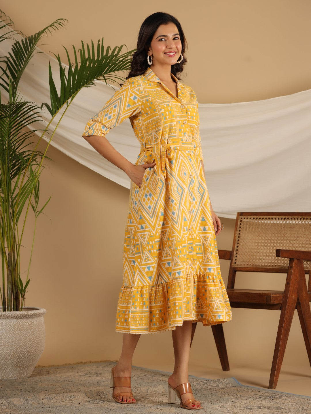 Juniper Women Mustard Cotton Flex Printed Shirt Dress