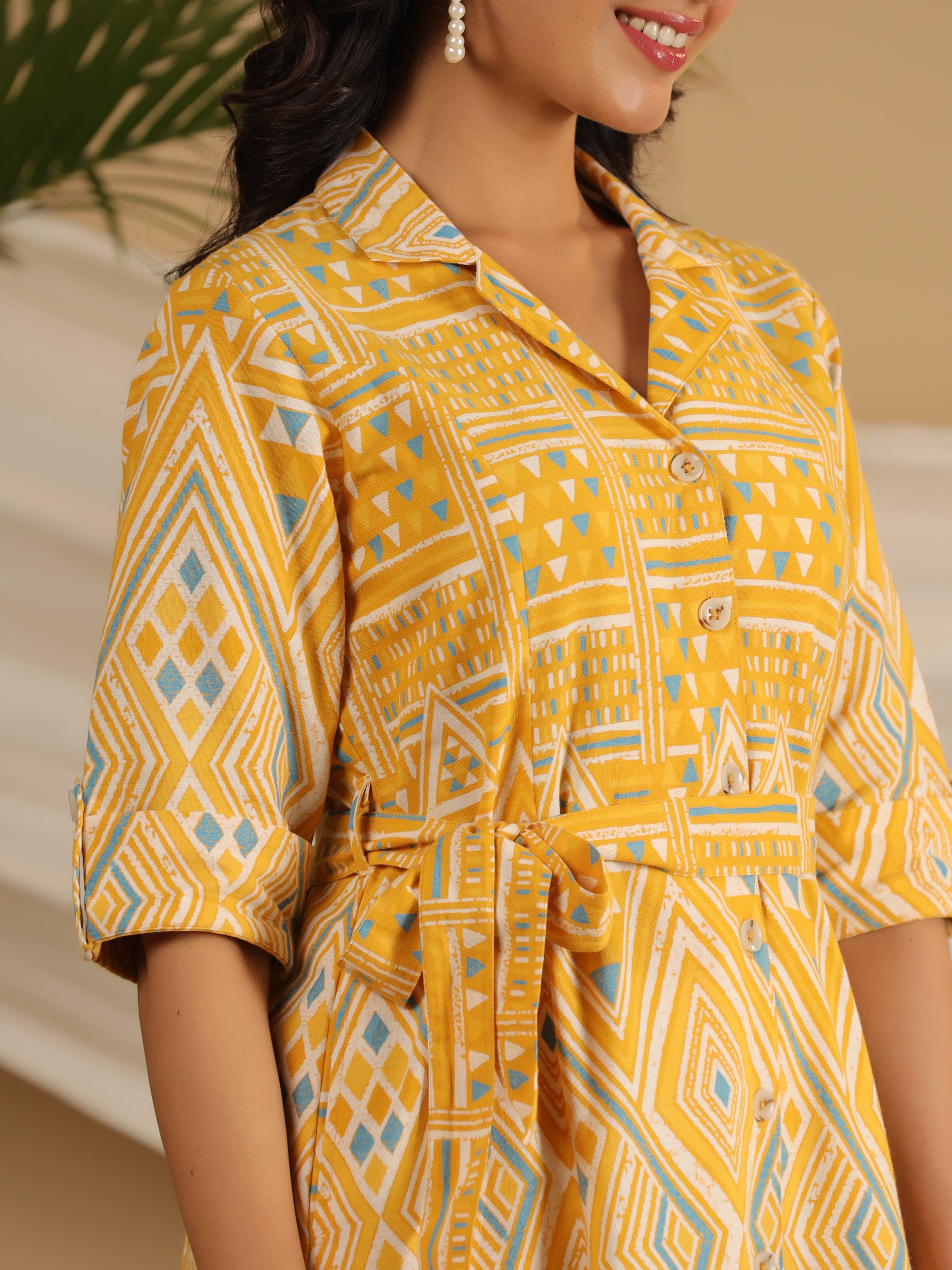 Mustard Cotton Flex Printed Shirt Dress