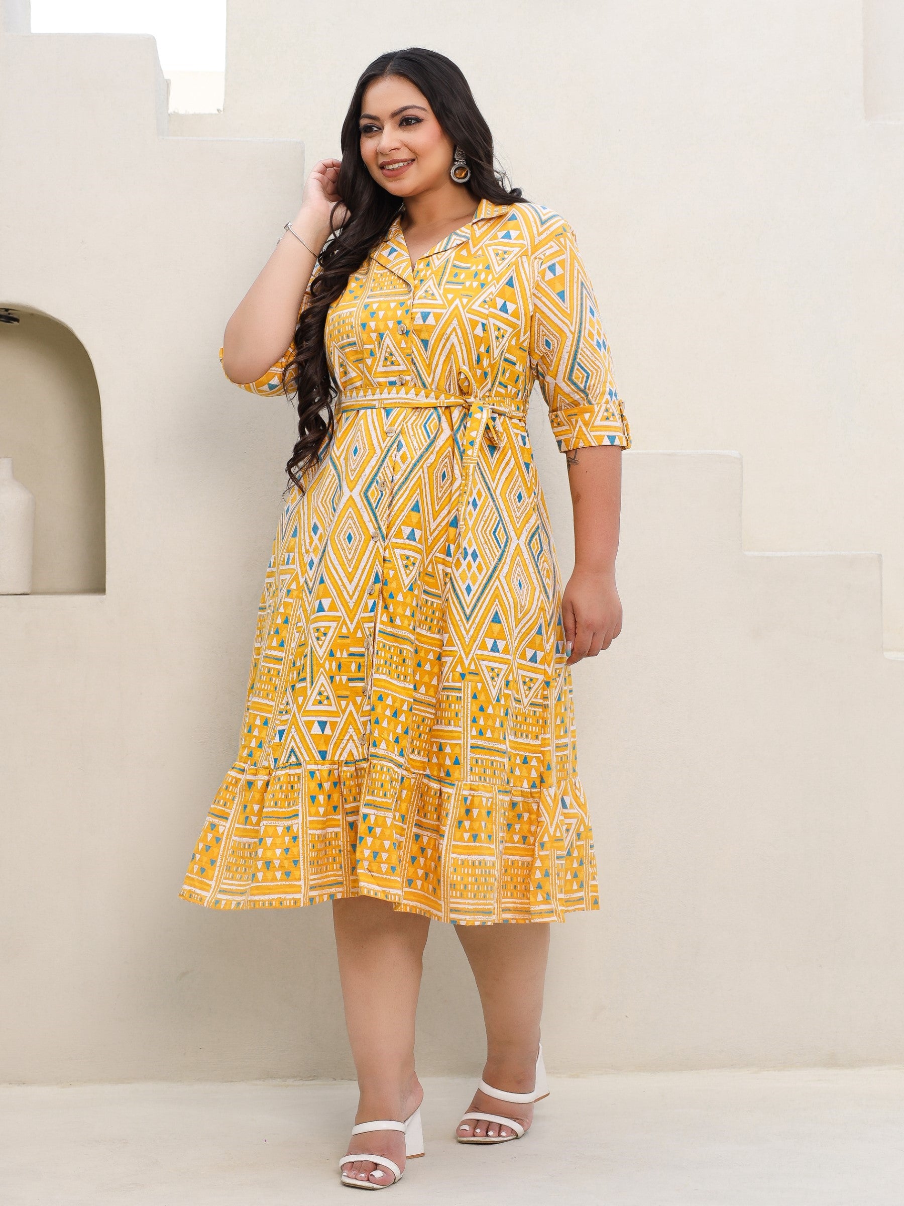 Juniper Mustard Geometric Printed & Panelled Cotton Flex Plus Size Shirt Dress With Fabric Belt