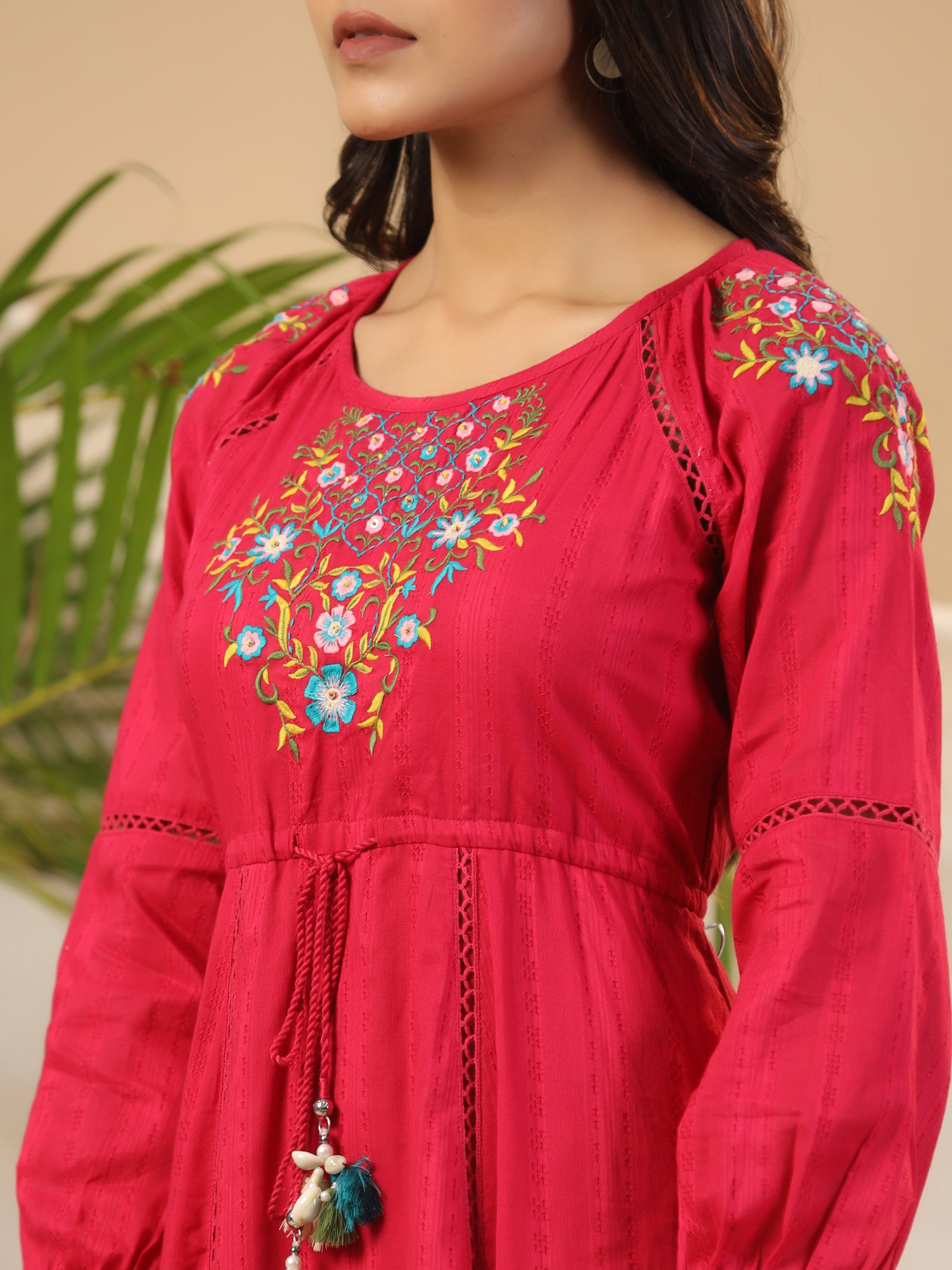 Juniper Women Fuchsia Cotton Dobby Embroidered Tiered Maxi Dress