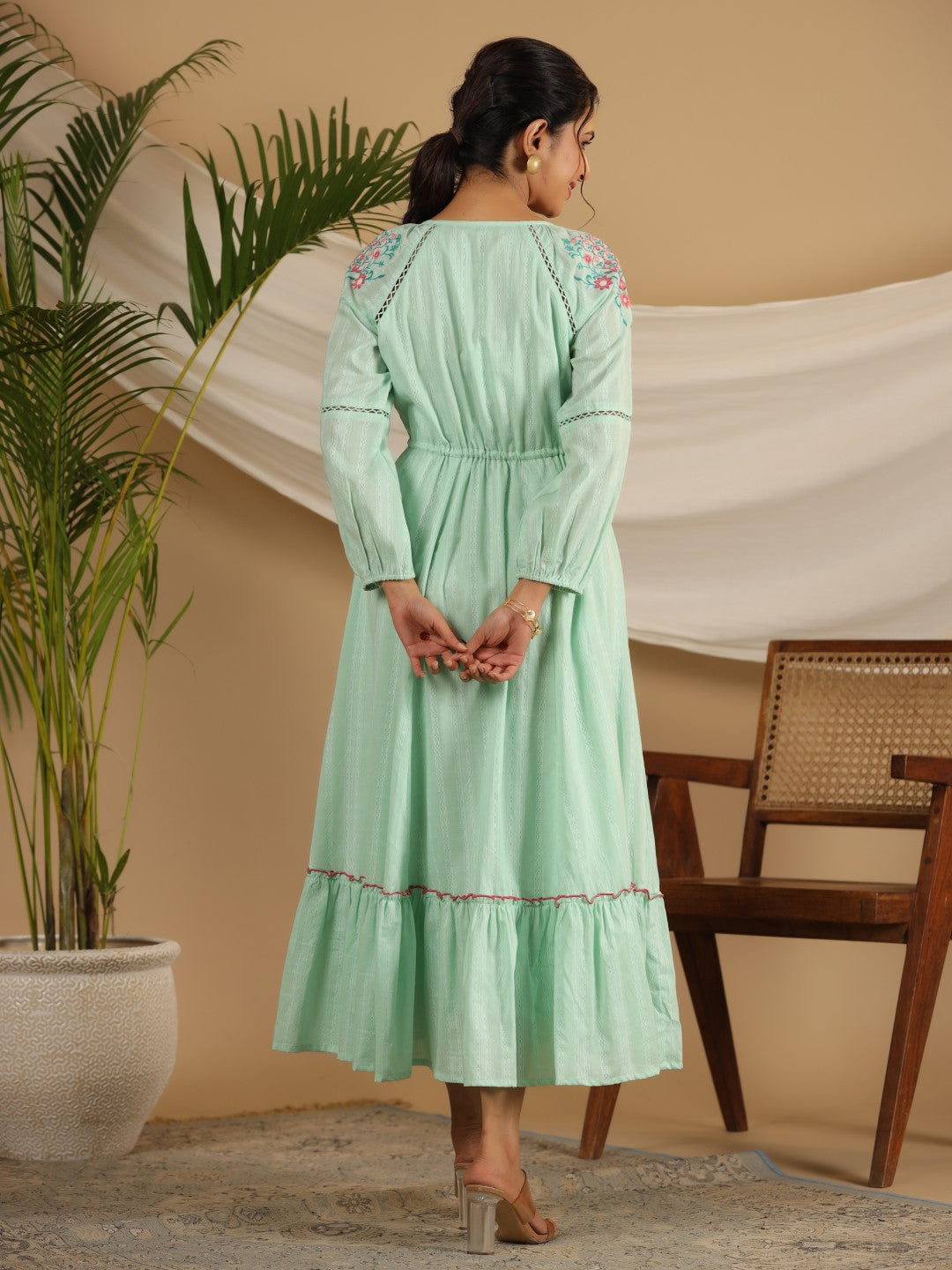 Juniper Women Green Cotton Dobby Embroidered Tiered Maxi Dress