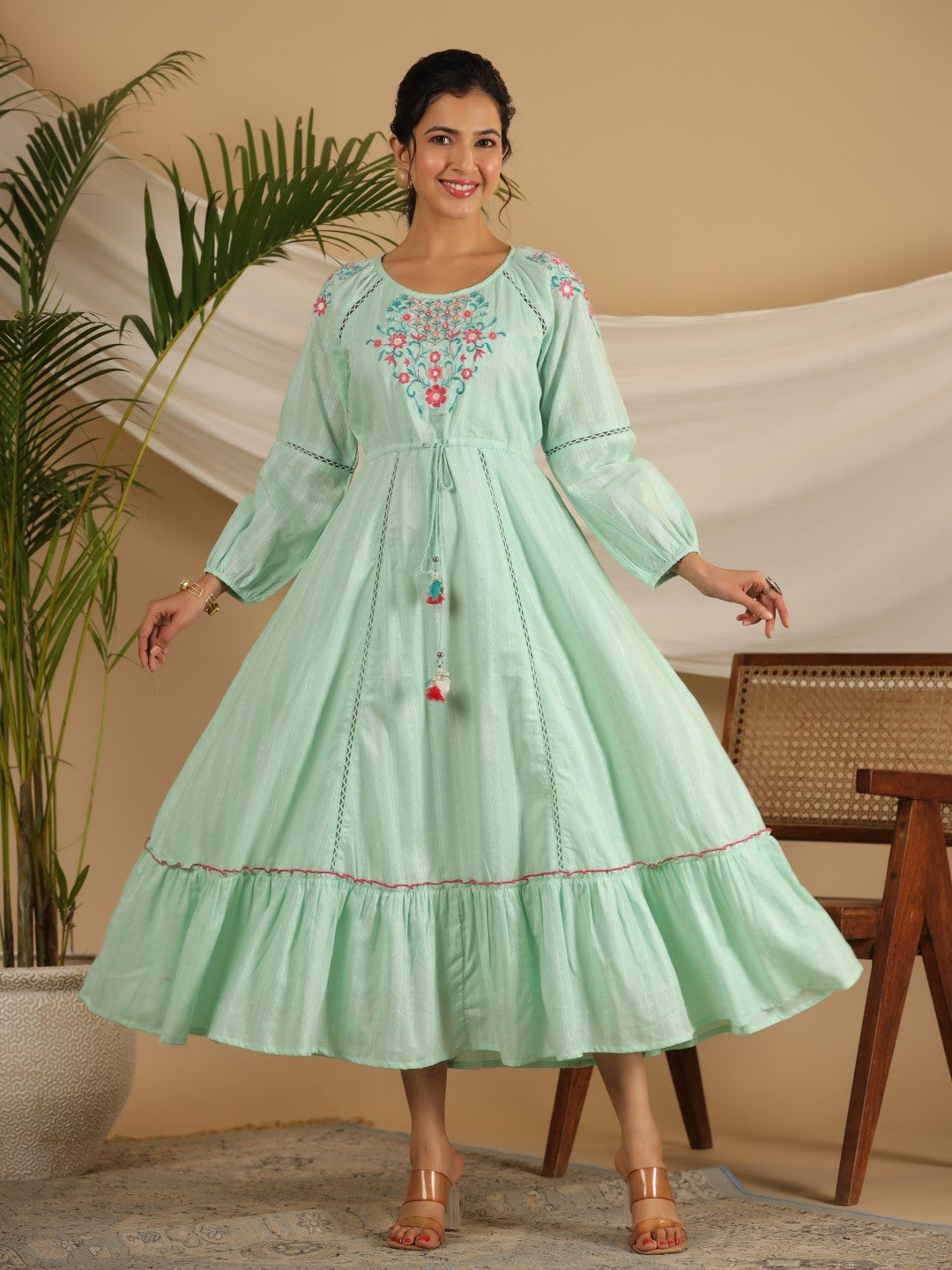 Juniper Women Green Cotton Dobby Embroidered Tiered Maxi Dress