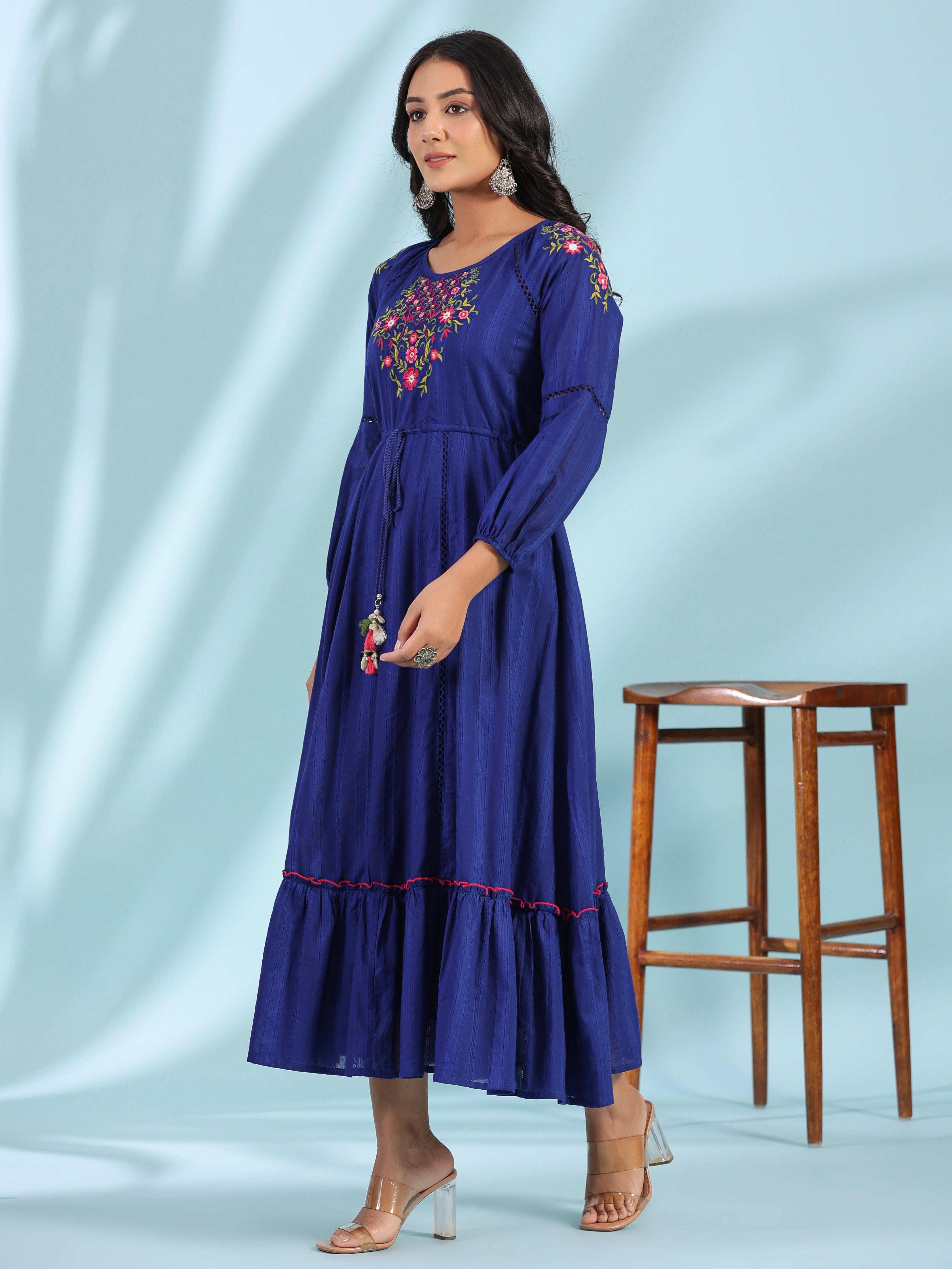 Juniper Women Indigo Cotton Dobby Embroidered Tiered Maxi Dress