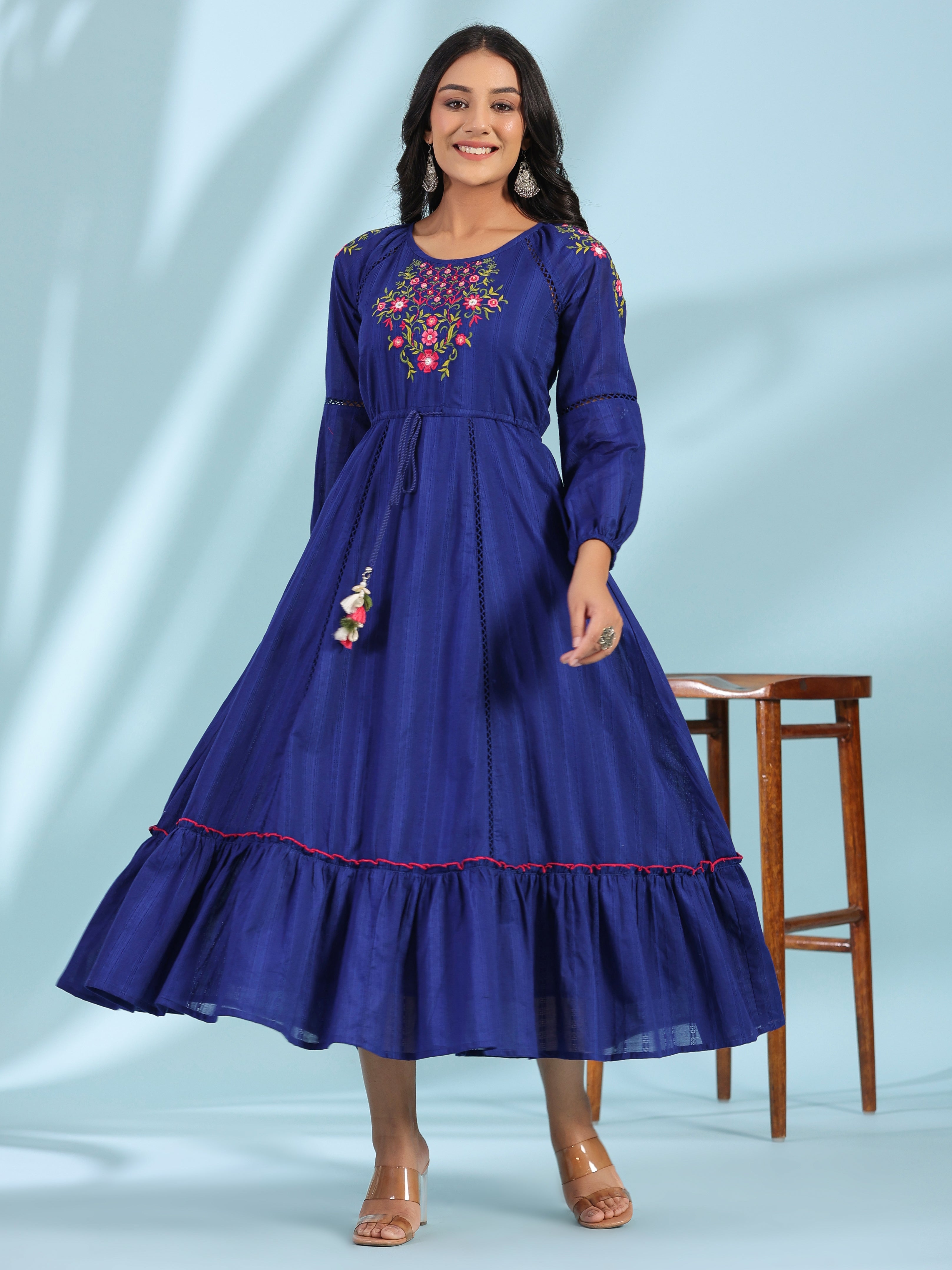 Juniper Women Indigo Cotton Dobby Embroidered Tiered Maxi Dress