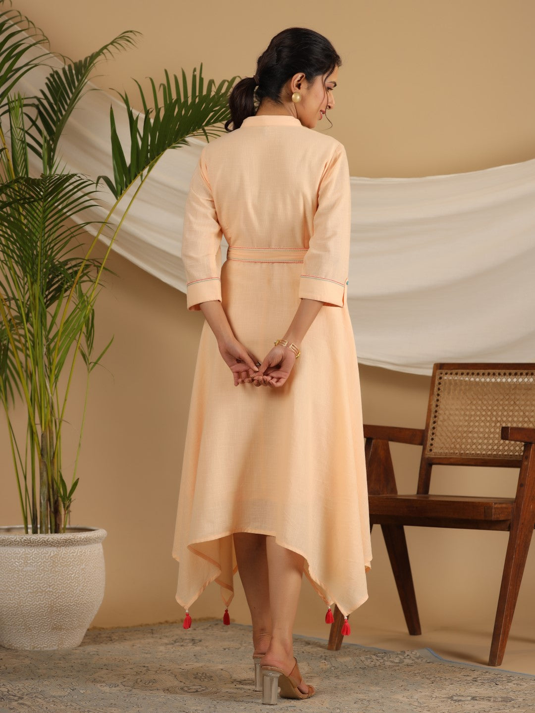 Peach Fit & Flare Belted Asymmetrical Maxi Dress With Floral Thread Embroidery