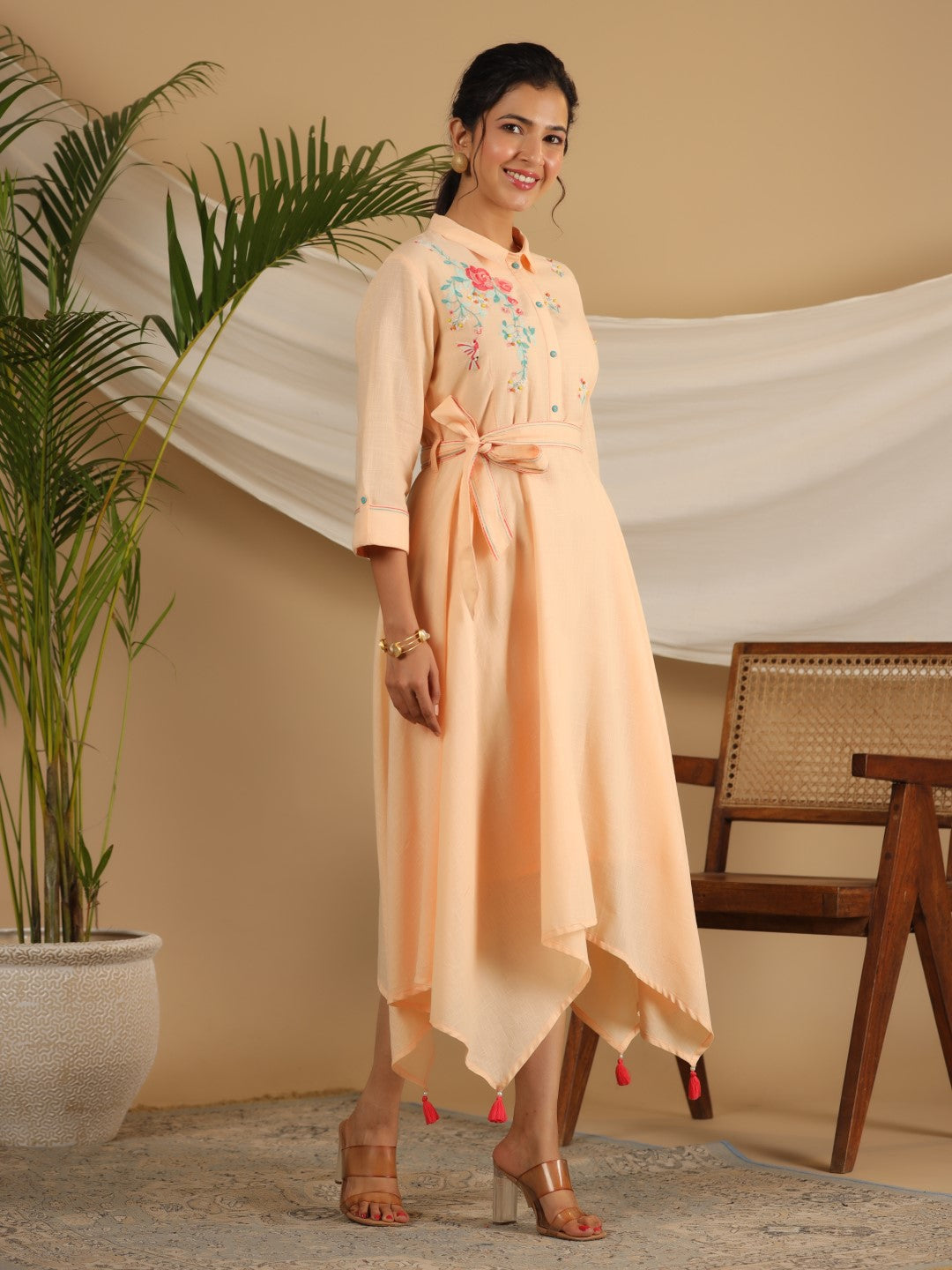 Juniper Women Peach Cotton Dobby Embroidered Asymmetric Dress