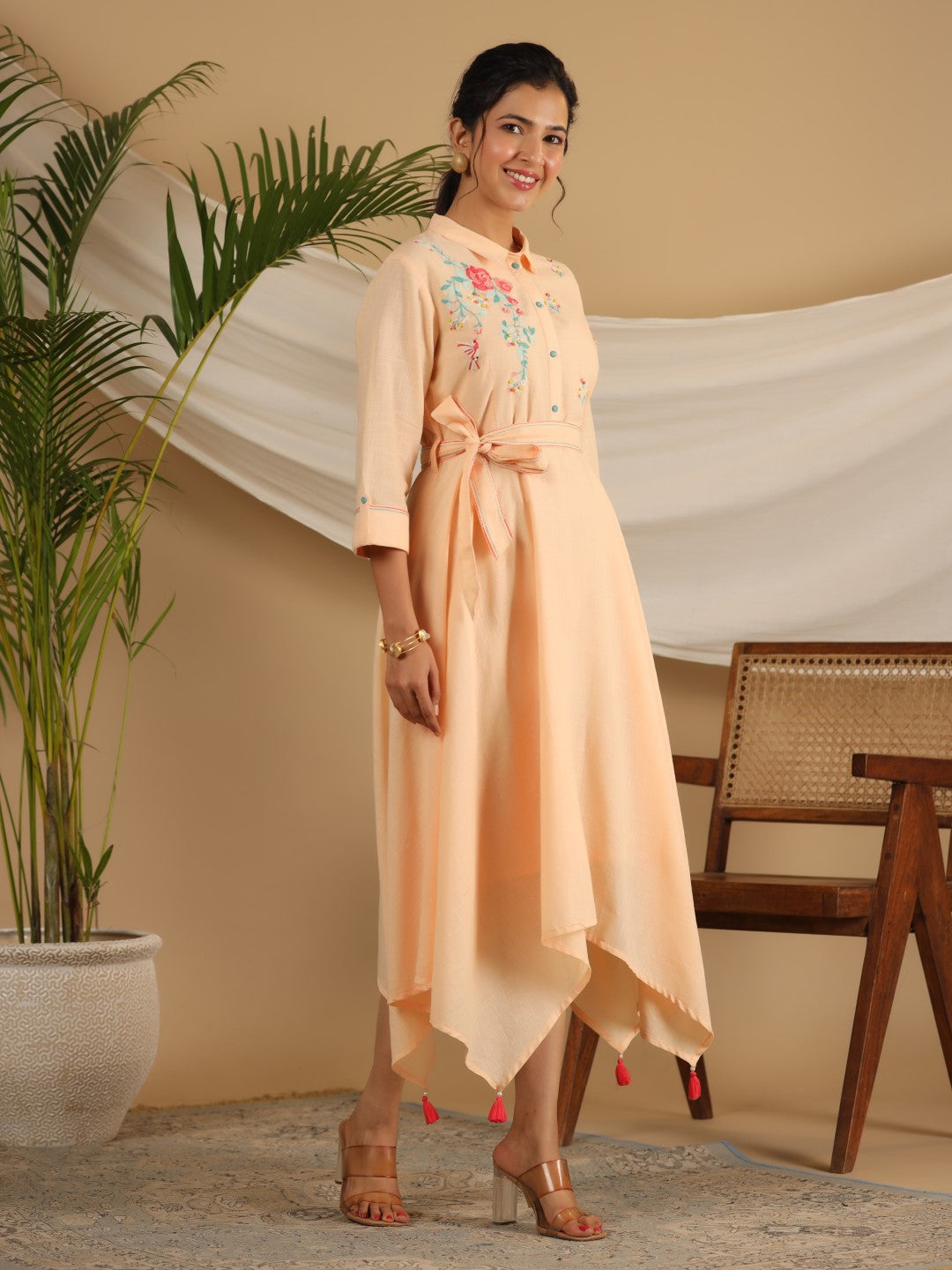 Peach Fit & Flare Belted Asymmetrical Maxi Dress With Floral Thread Embroidery