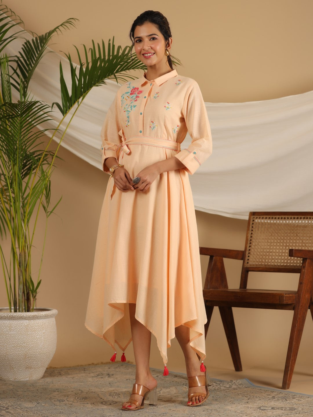 Peach Fit & Flare Belted Asymmetrical Maxi Dress With Floral Thread Embroidery