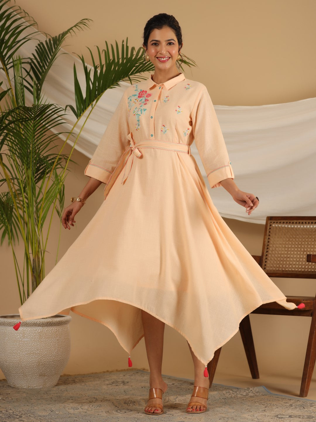 Peach Fit & Flare Belted Asymmetrical Maxi Dress With Floral Thread Embroidery