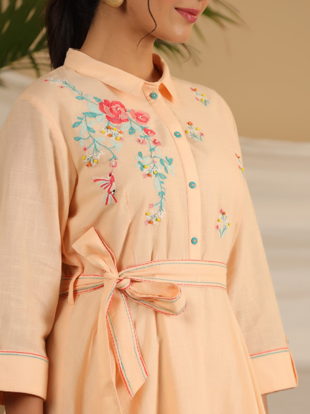 Peach Cotton Dobby Embroidered Asymmetric Dress