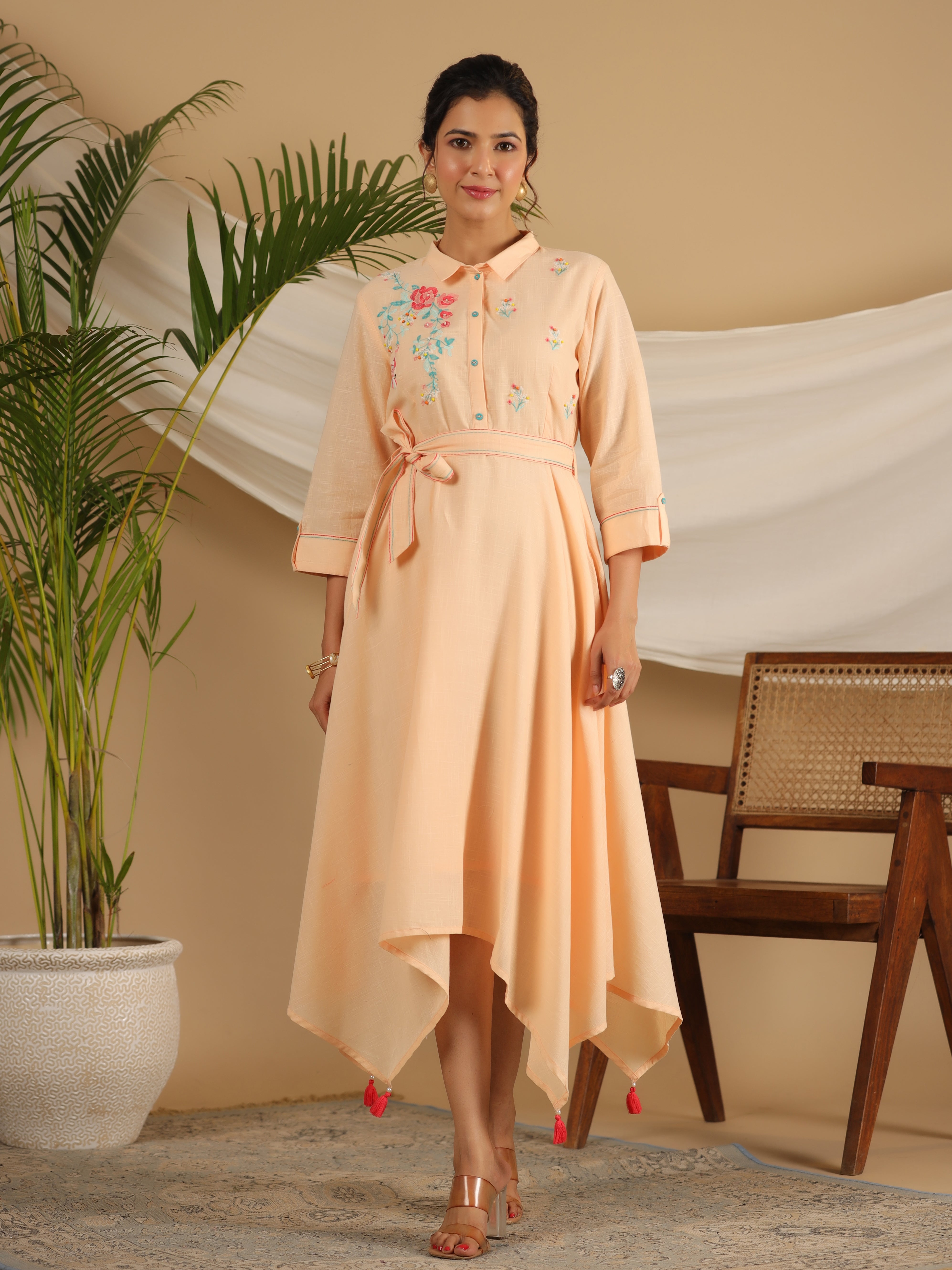 Juniper Peach Fit & Flare Belted Asymmetrical Maxi Dress With Floral Thread Embroidery
