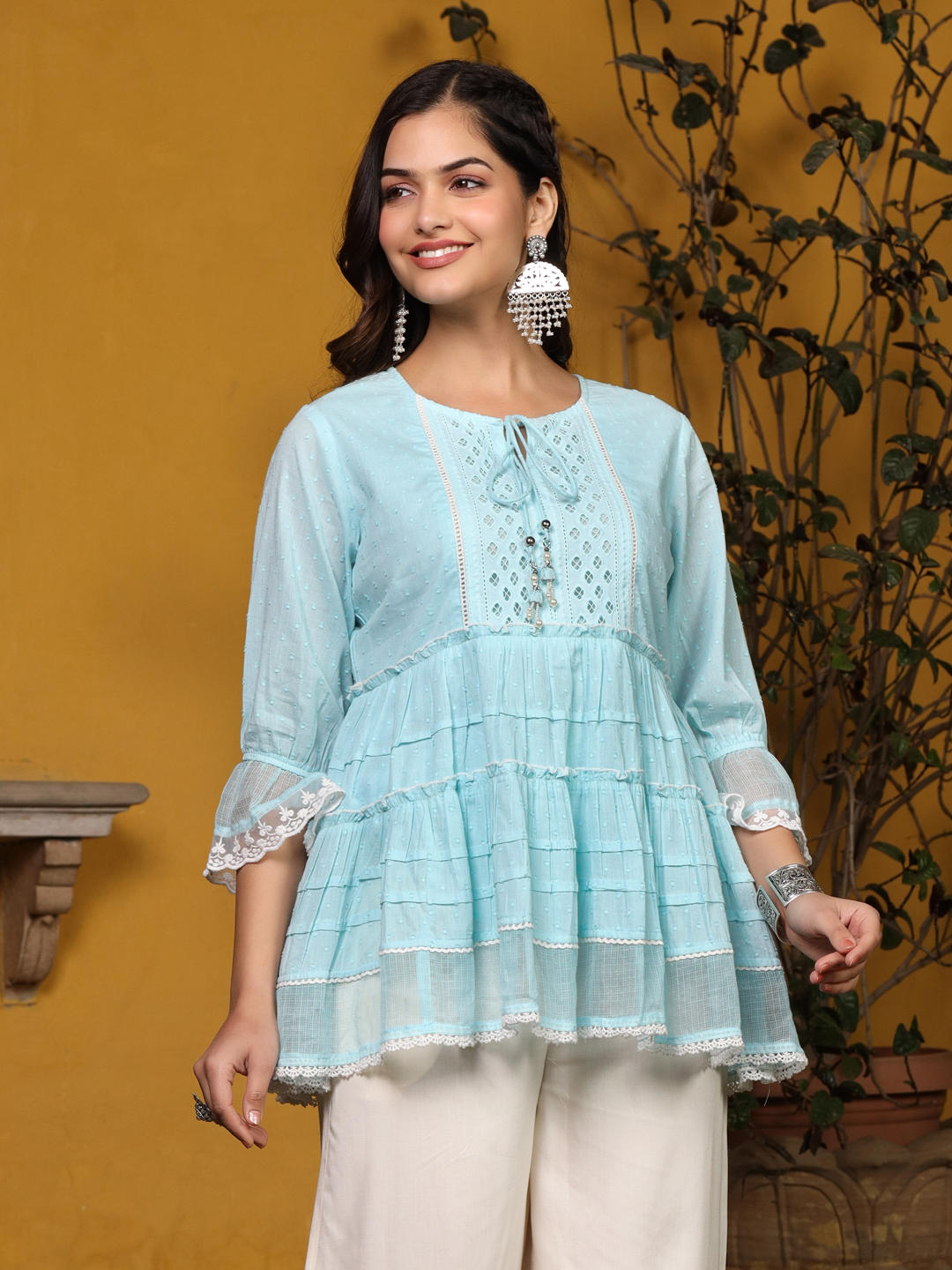 Juniper Sky Blue Solid Peplum Lacy Keyhole Neckline Tunic With Lining