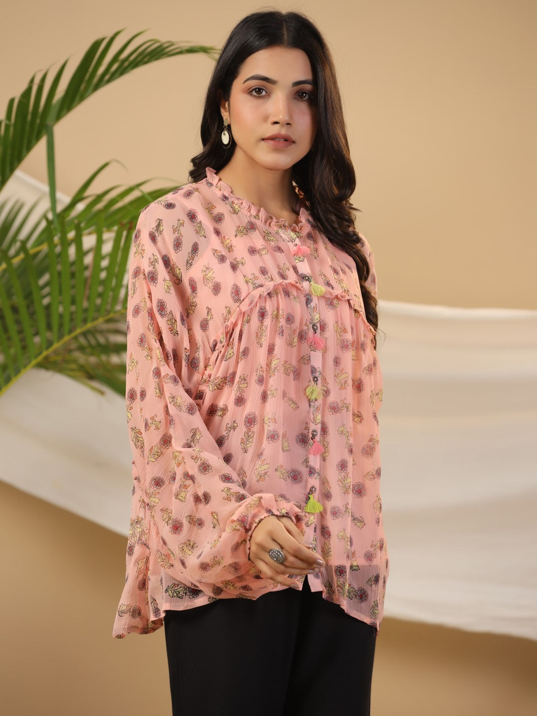 Peach Floral Printed Chiffon Tunic With Inner