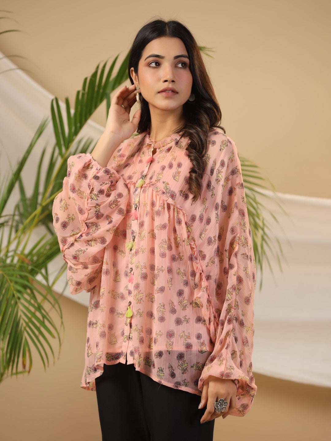 Peach Floral Printed Chiffon Tunic With Inner