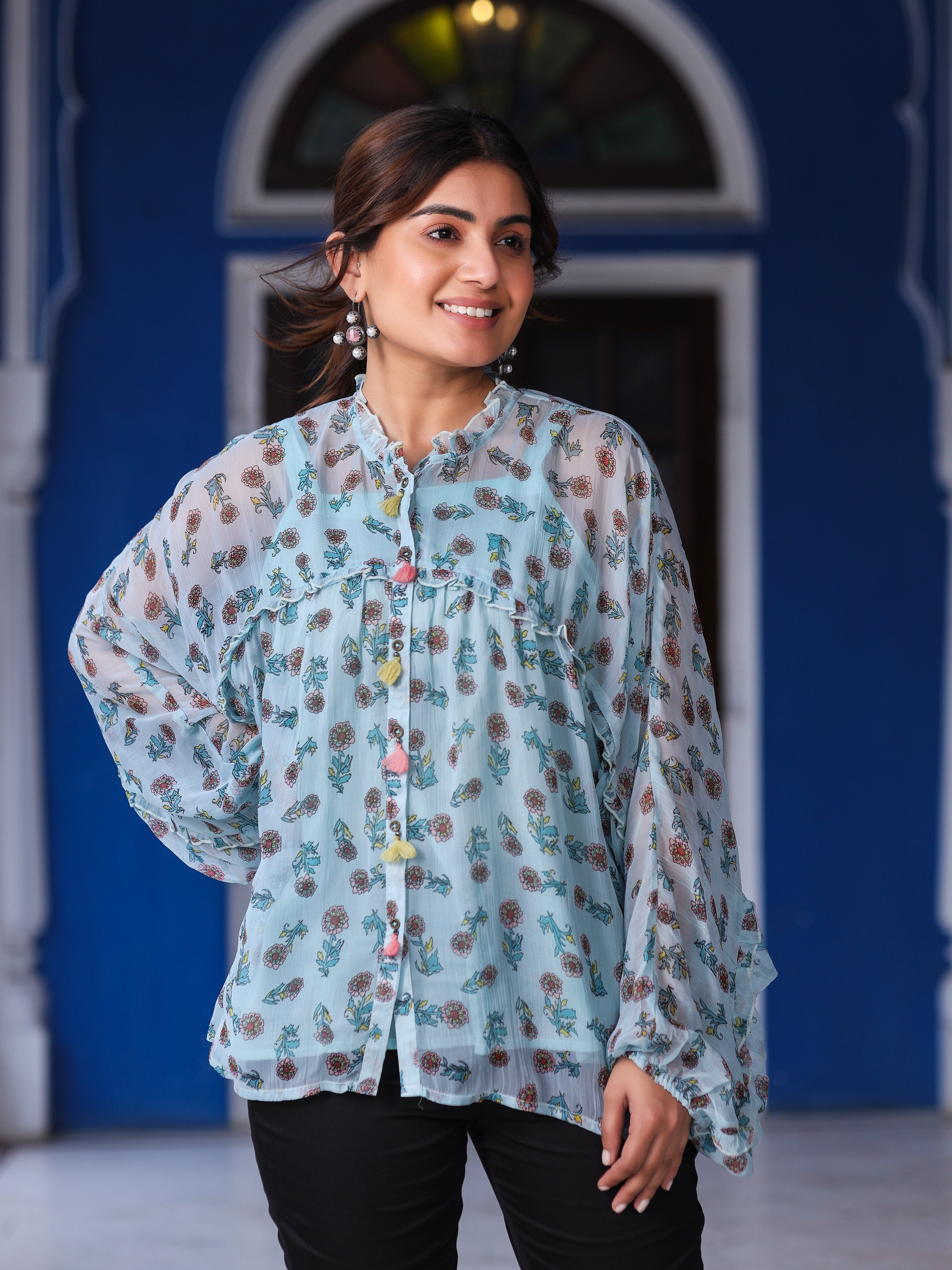 Juniper Sky Blue Chiffon Floral Printed Button Detailing Tunic With Inner