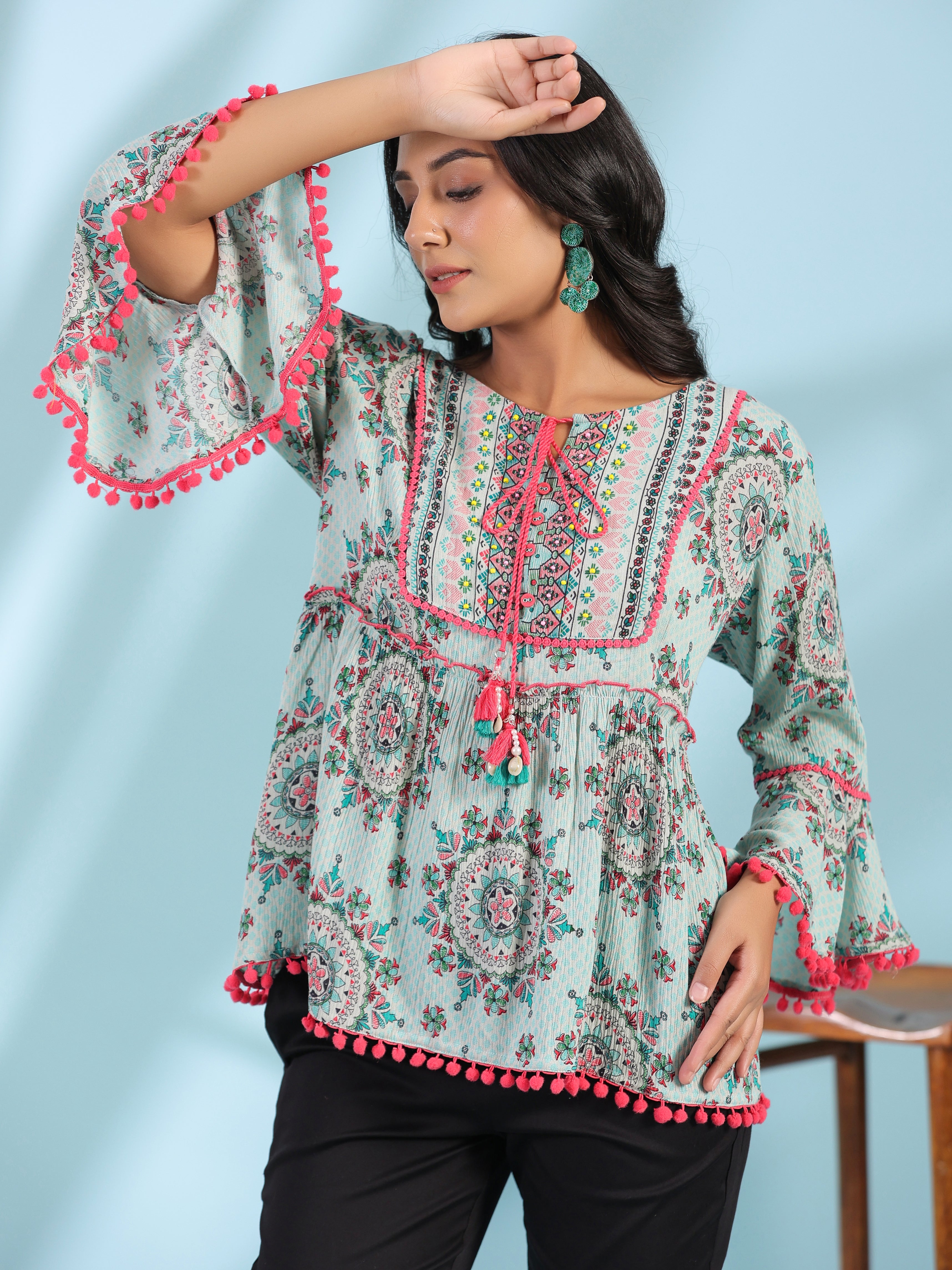 Juniper Mint Women Rayon Crepe Ethnic Motif Printed Peplum Tunic With Beadwork