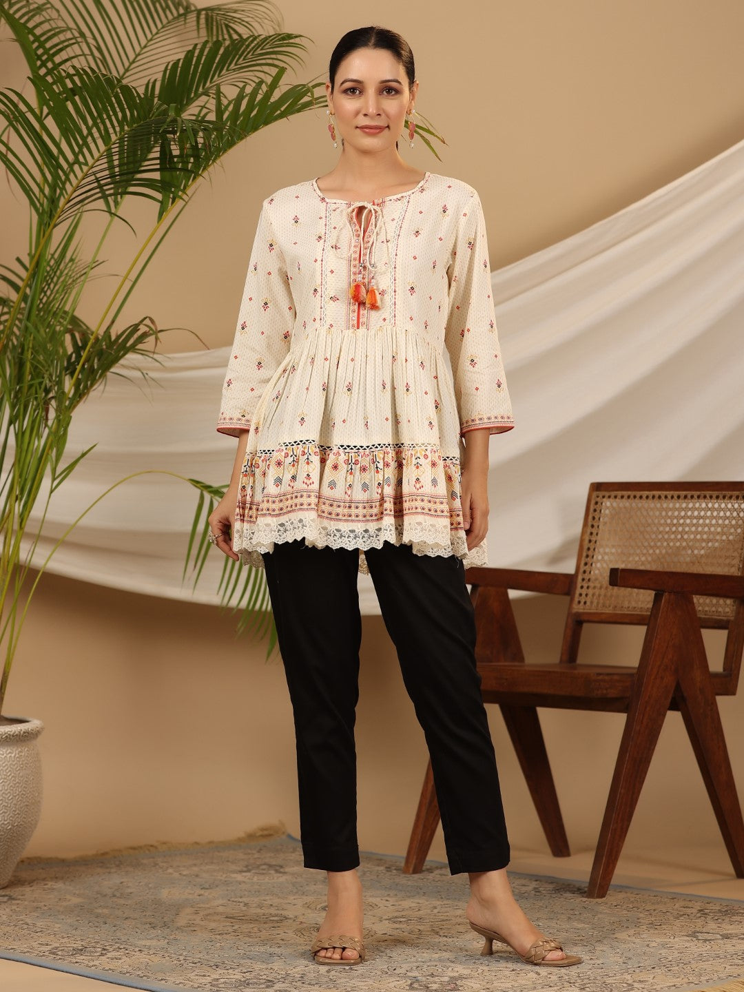 Juniper Ivory Geometric Printed Rayon Tunic With Beads & Sequins