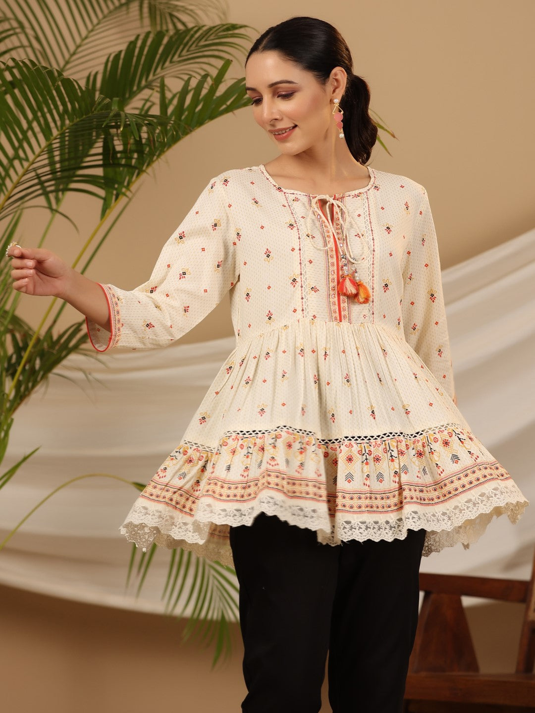 Juniper Women Ivory LIVA Rayon Printed Peplum Tunic
