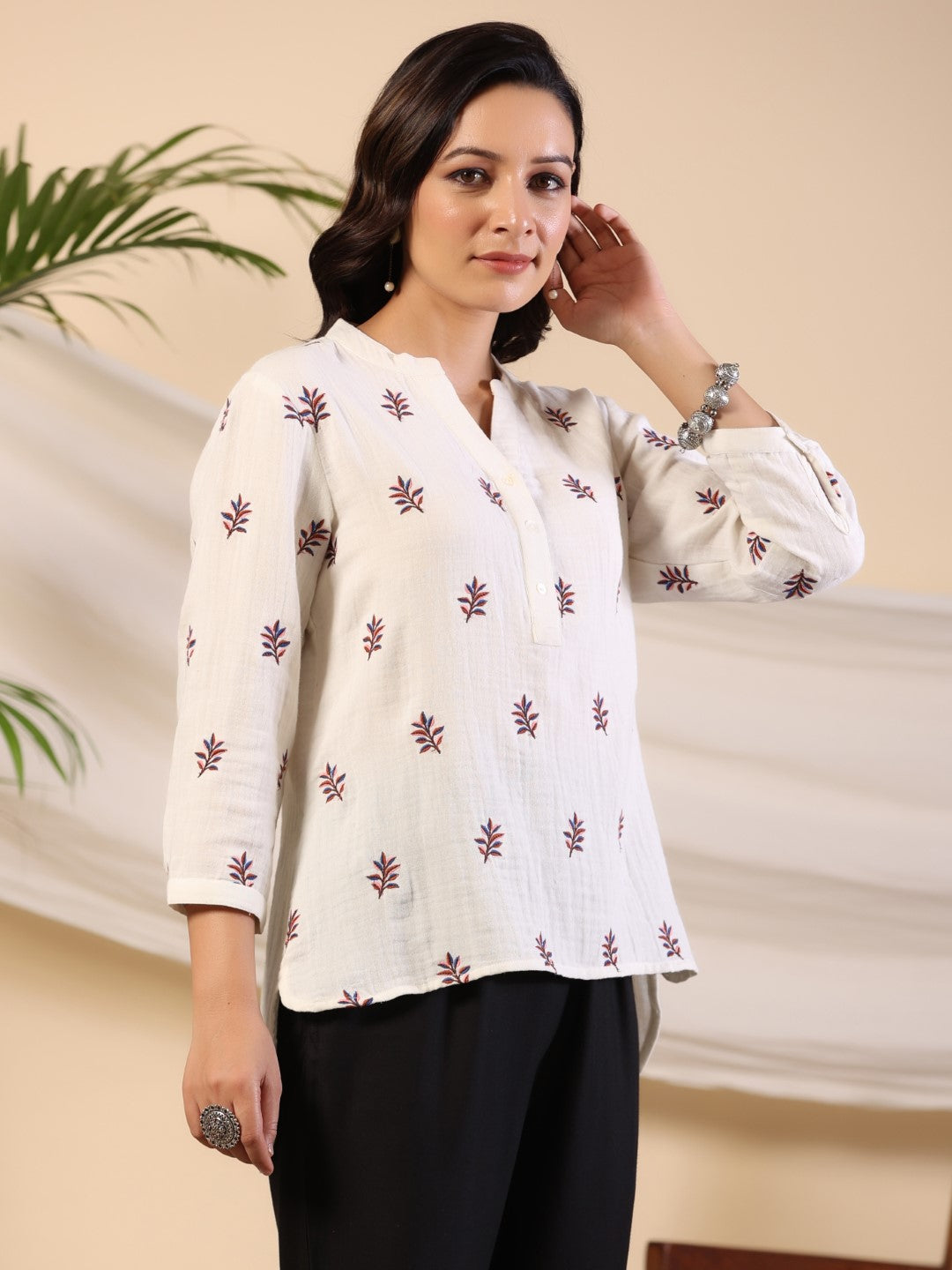 Juniper Ivory Women Floral Embroidered High-Low Cotton Tunic With Half Placket