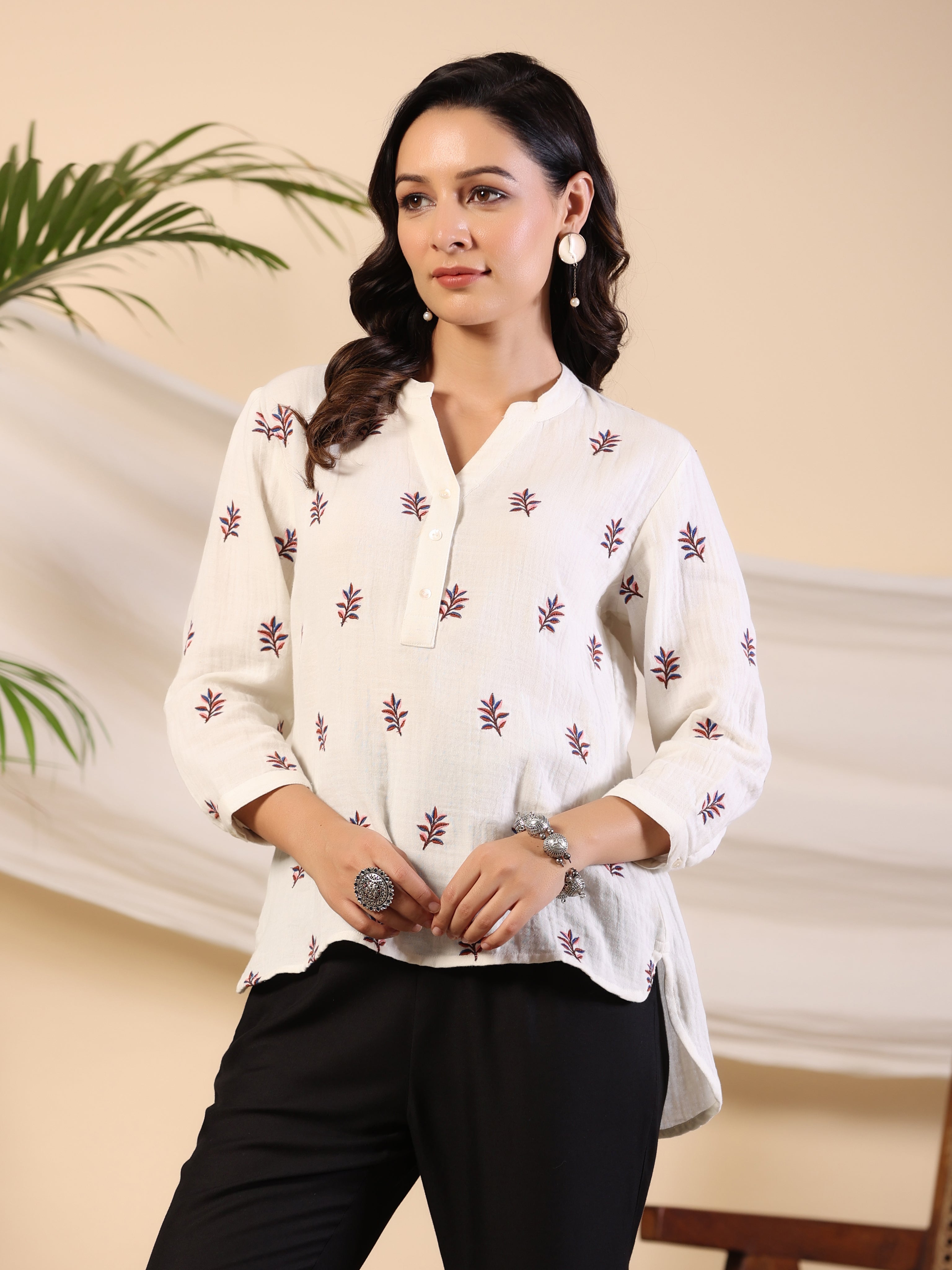 Juniper Ivory Women Floral Embroidered High-Low Cotton Tunic With Half Placket
