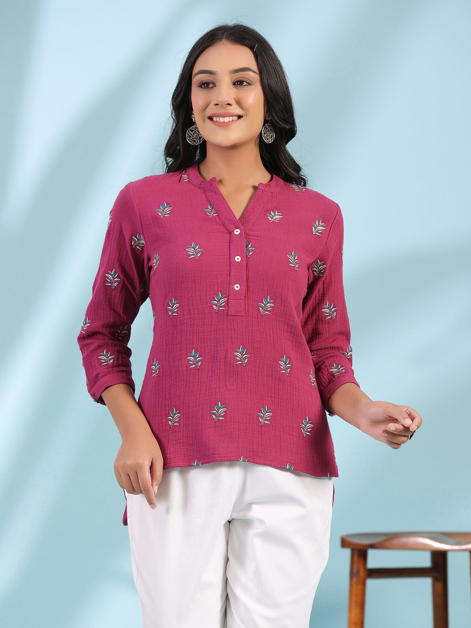 Wine Double Gauze Embroidered High-Low Tunic