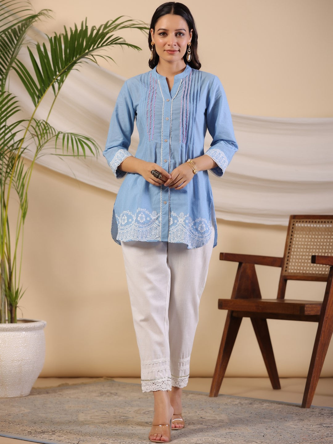 Juniper Powder Blue Ethnic Motif Printed Pure Cotton Tunic With Lace Work