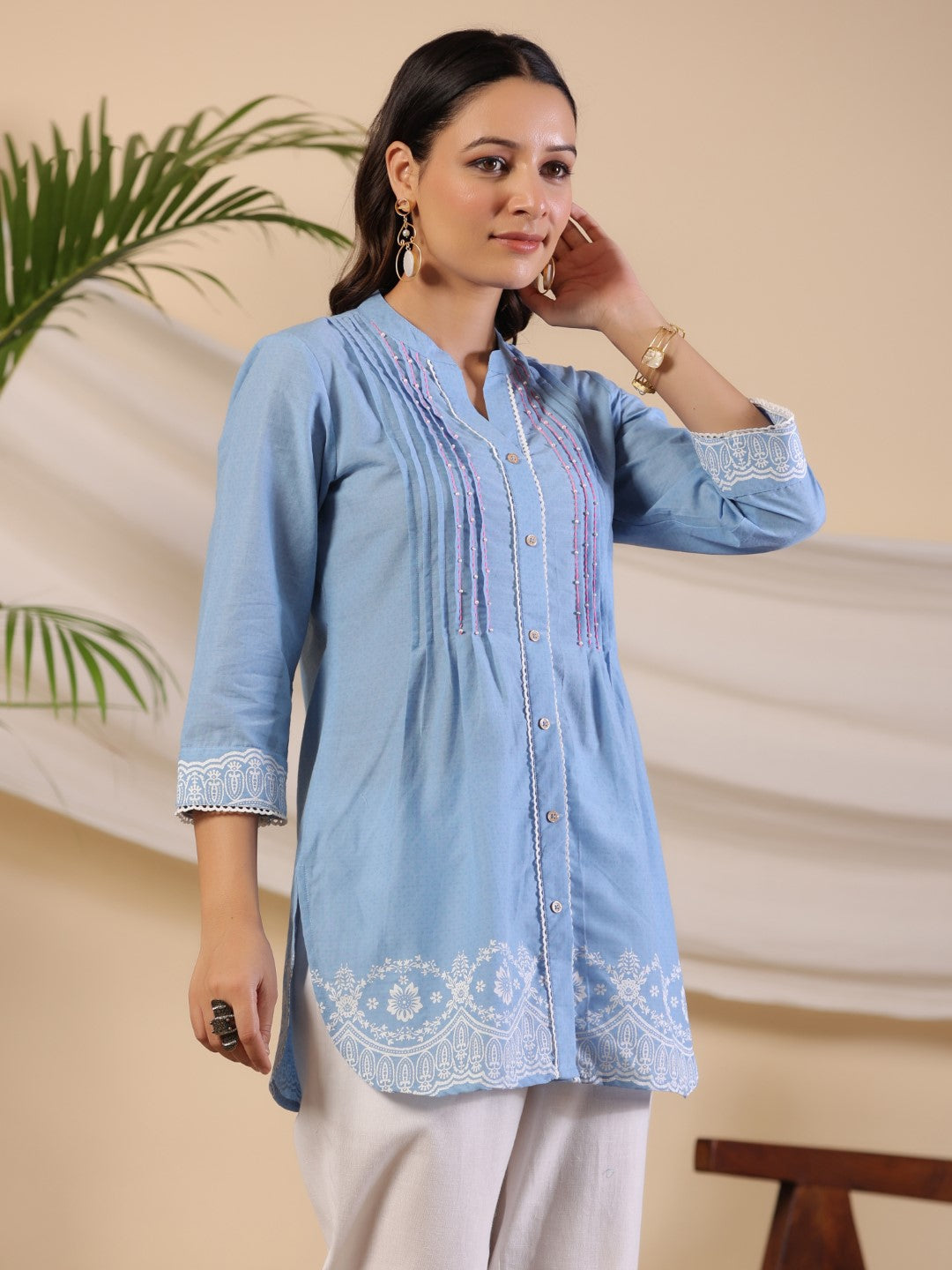 Juniper Powder Blue Ethnic Motif Printed Pure Cotton Tunic With Lace Work