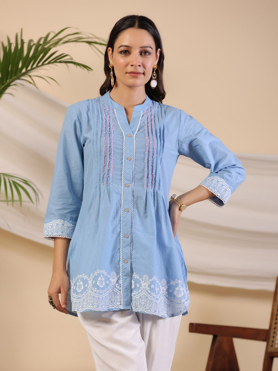 Juniper Powder Blue Ethnic Motif Printed Pure Cotton Tunic With Lace Work