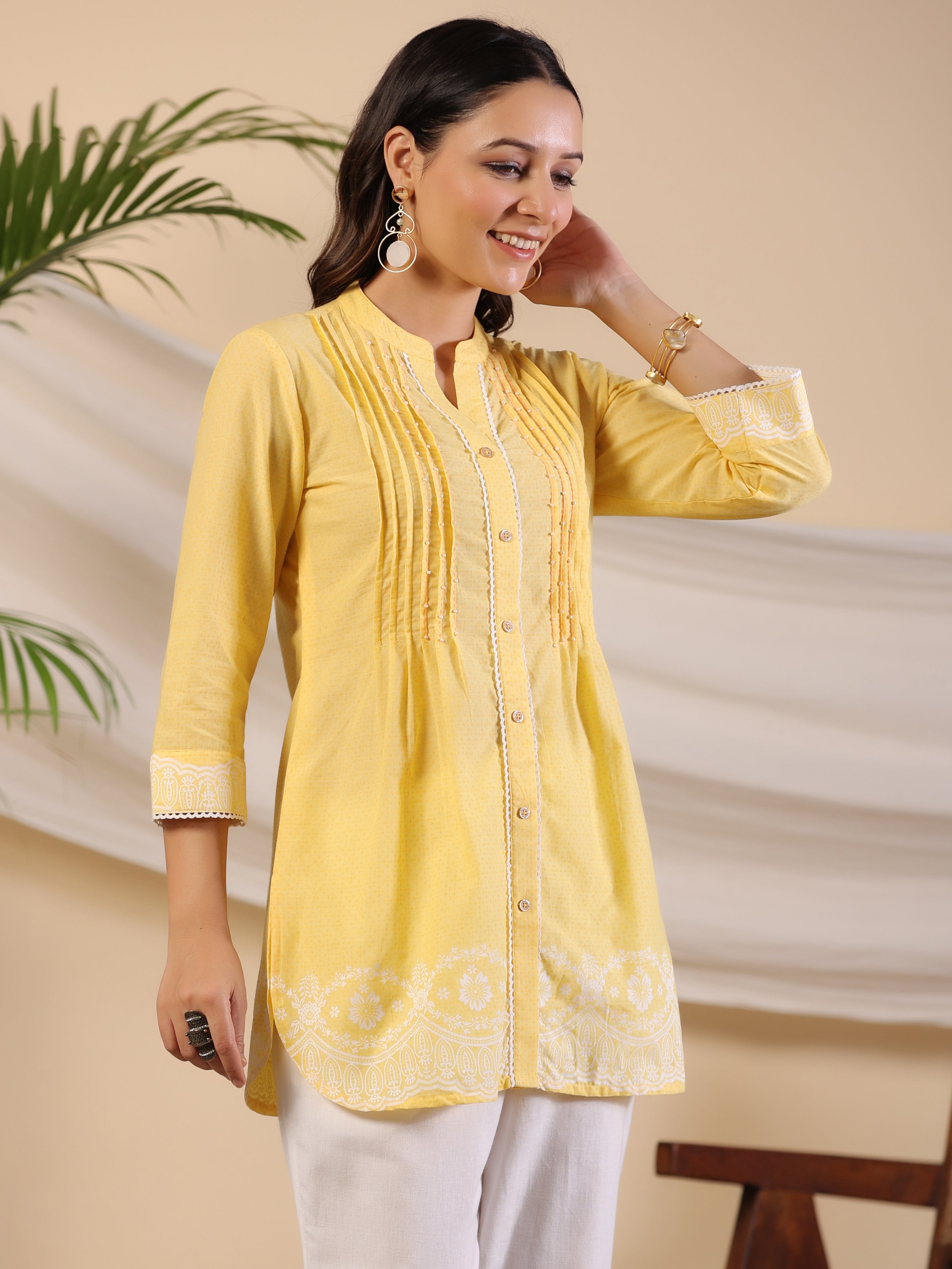 Juniper Yellow Ethnic Motif Printed Pure Cotton Tunic With Lace Work