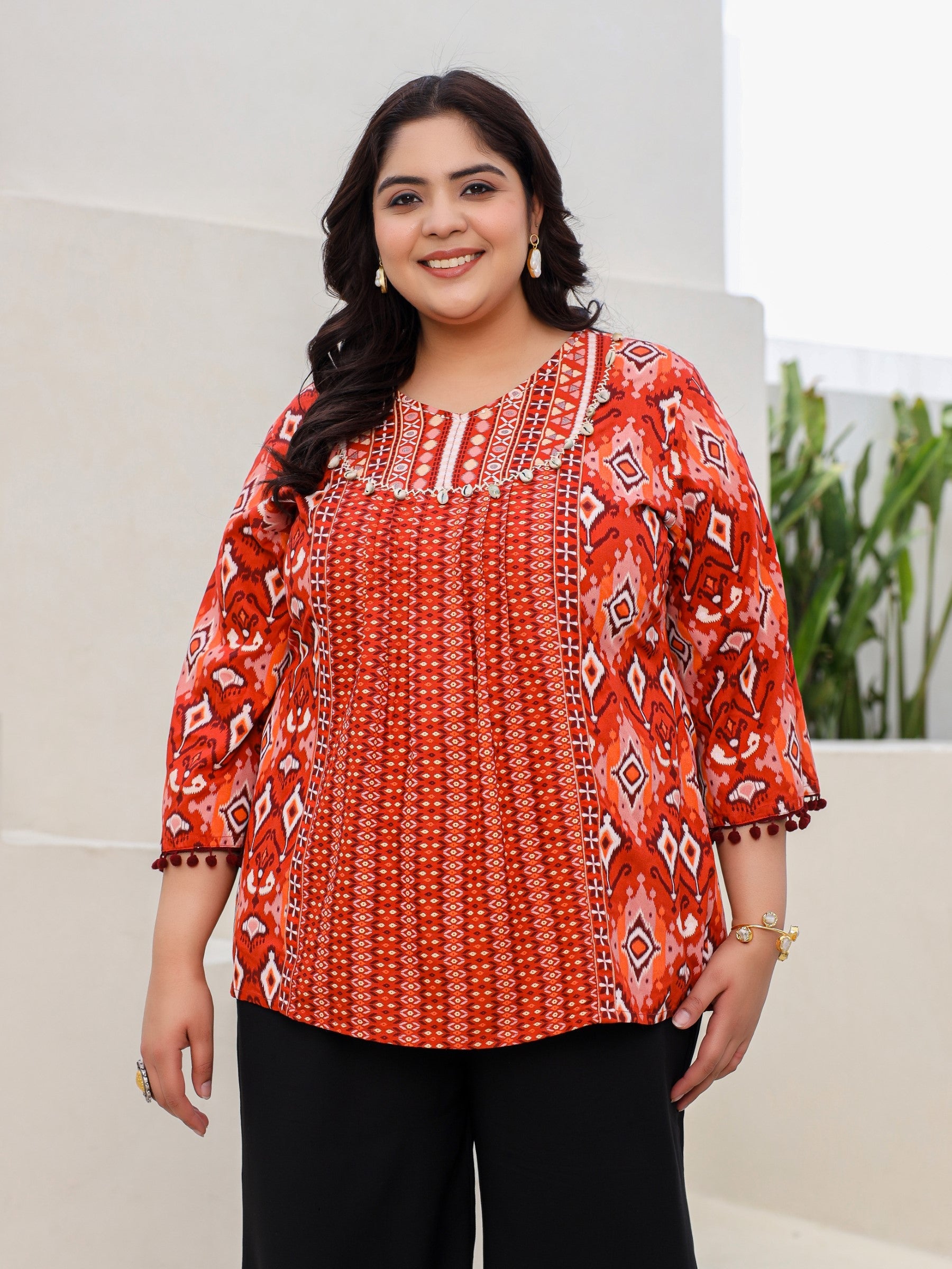 Juniper Rust Rayon Ikat Printed A-Line Lacy Plus Size Tunic With Pintucks At Works & Beadwork
