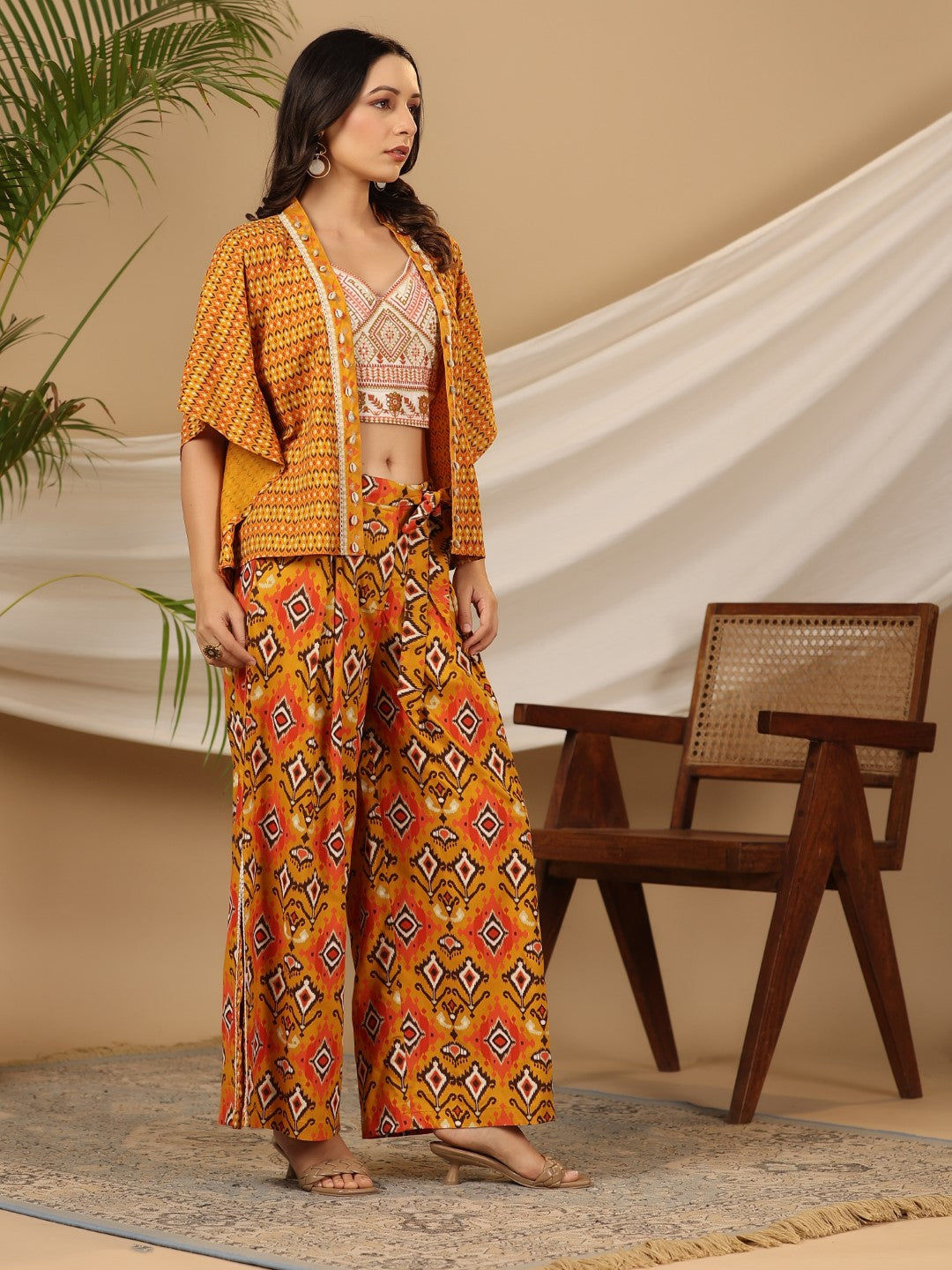 Mustard Rayon & Flex Ikat Printed with Embroidered Co-ord Set