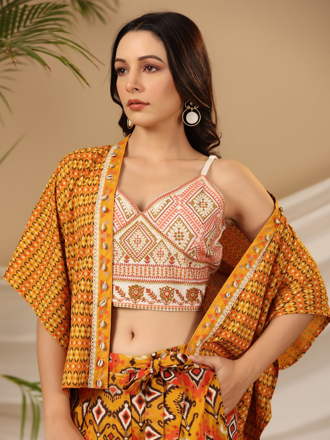 Mustard Rayon & Flex Ikat Printed with Embroidered Co-ord Set