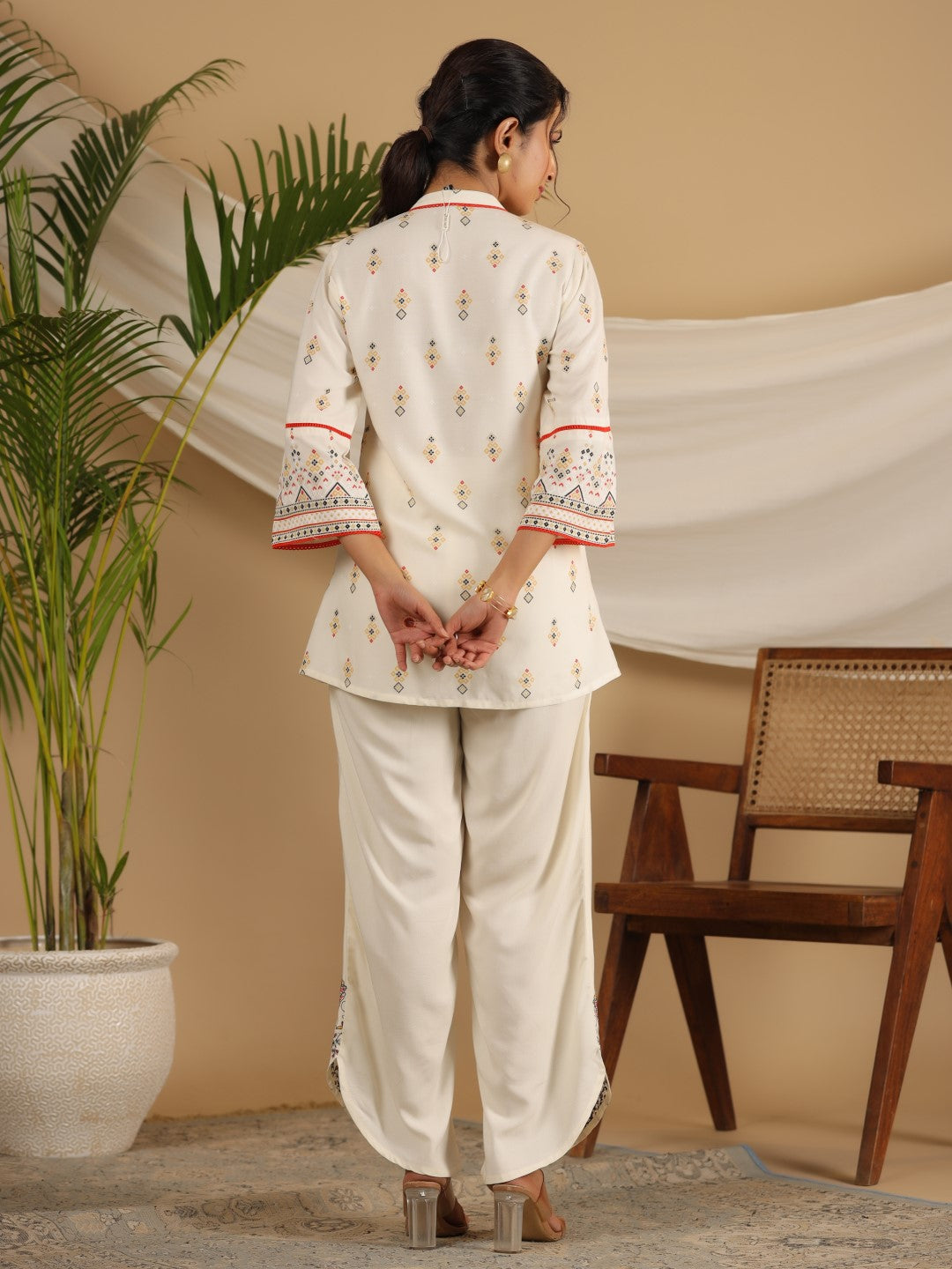 Ivory Rayon Print with Embroidery Co-ord Set