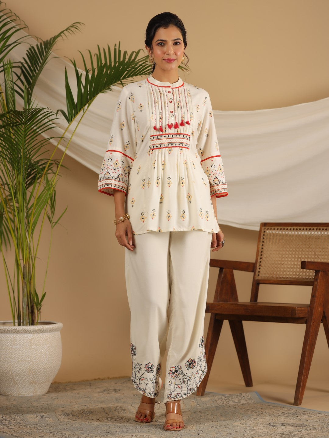 Ivory Rayon Print with Embroidery Co-ord Set